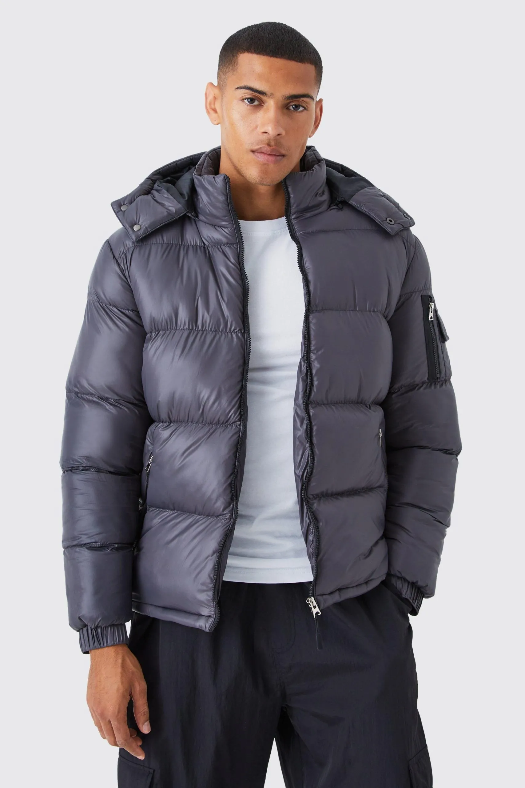 High Shine Hooded Puffer in Grey