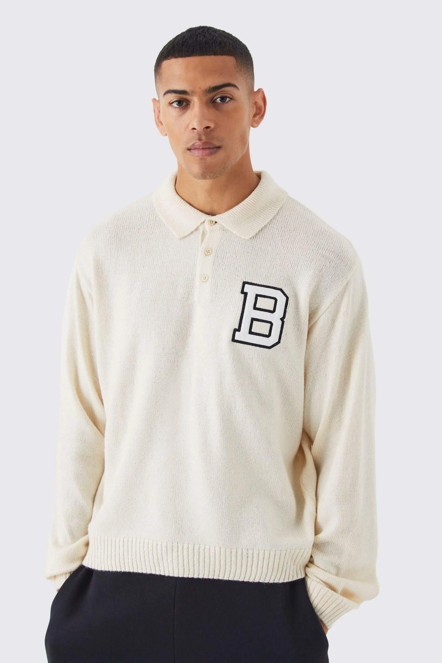 Boxy Knitted Varsity Polo With B Badge