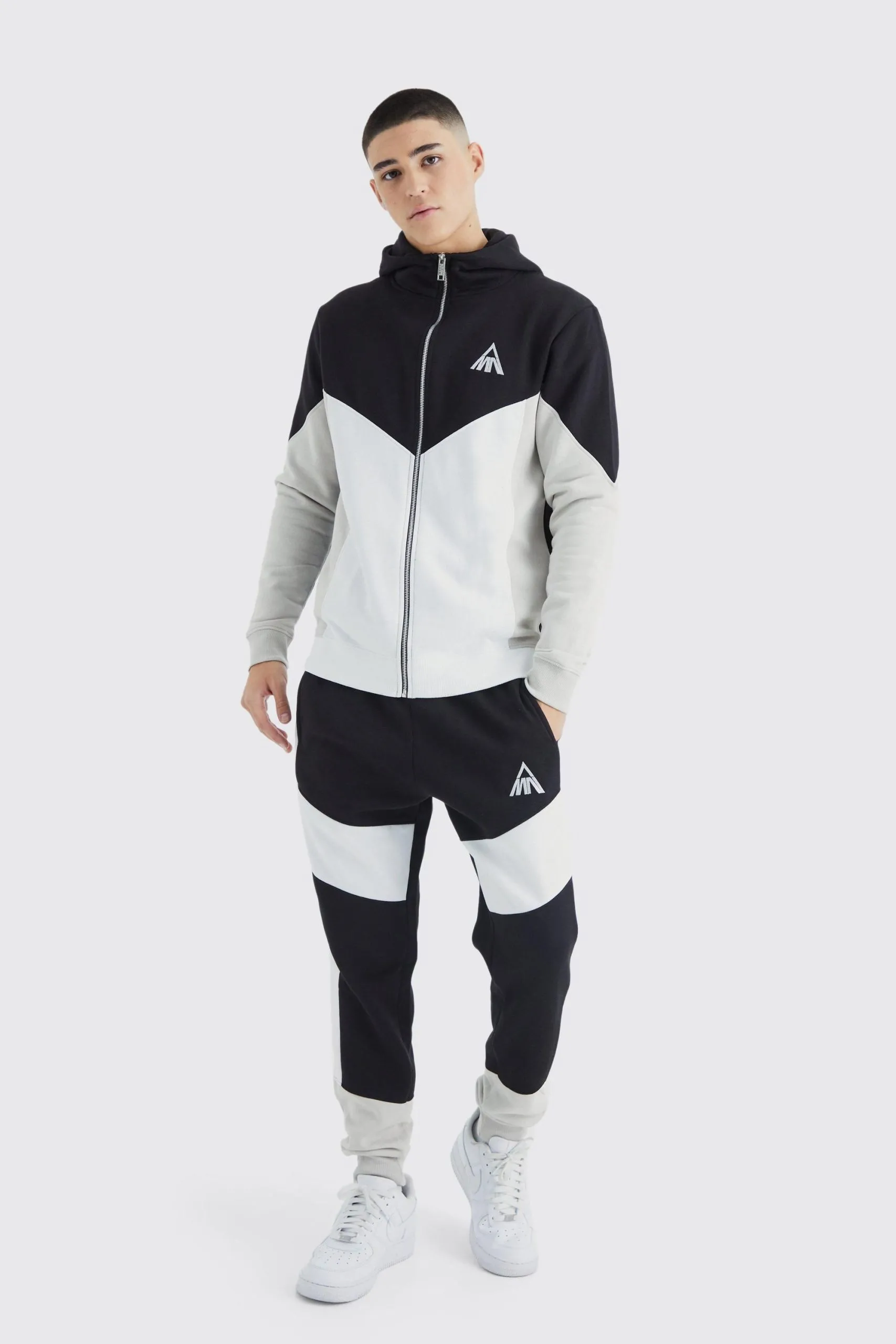 Man Slim Funnel Hooded Colour Block Tracksuit