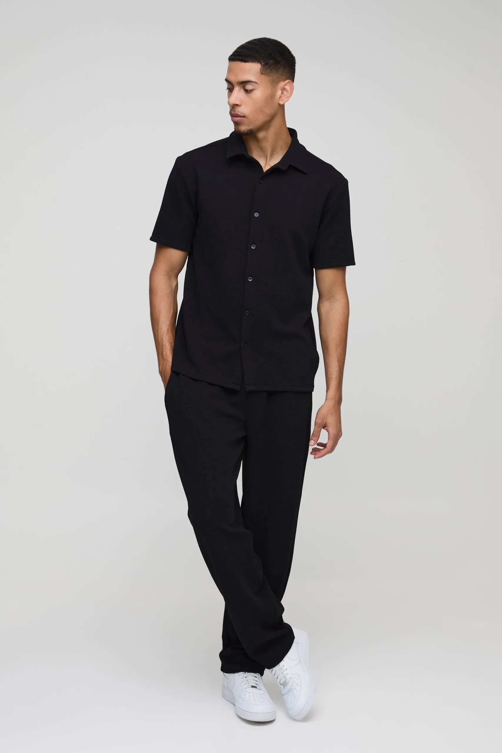 Short Sleeve Jersey Herringbone Shirt And Trouser Set