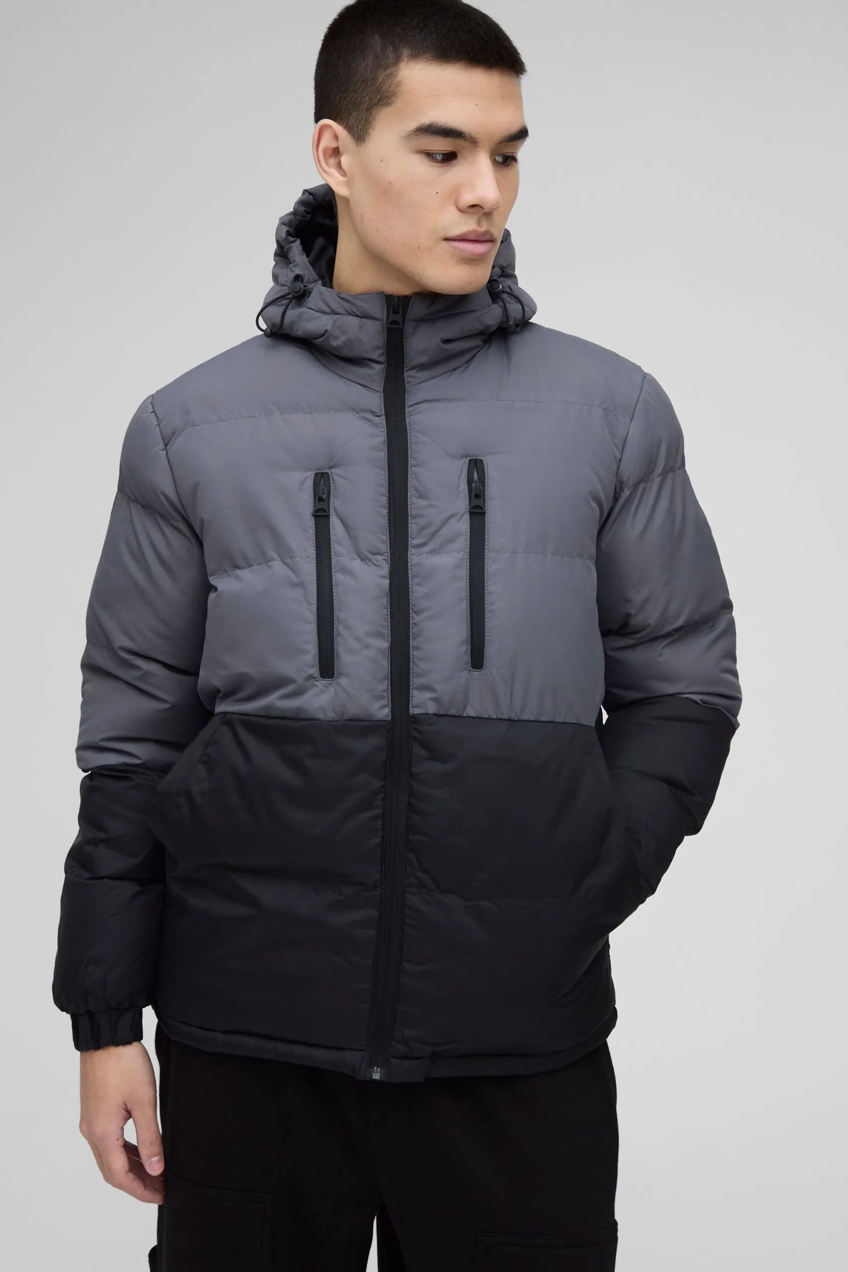 Colour Block Hooded Puffer in Charcoal
