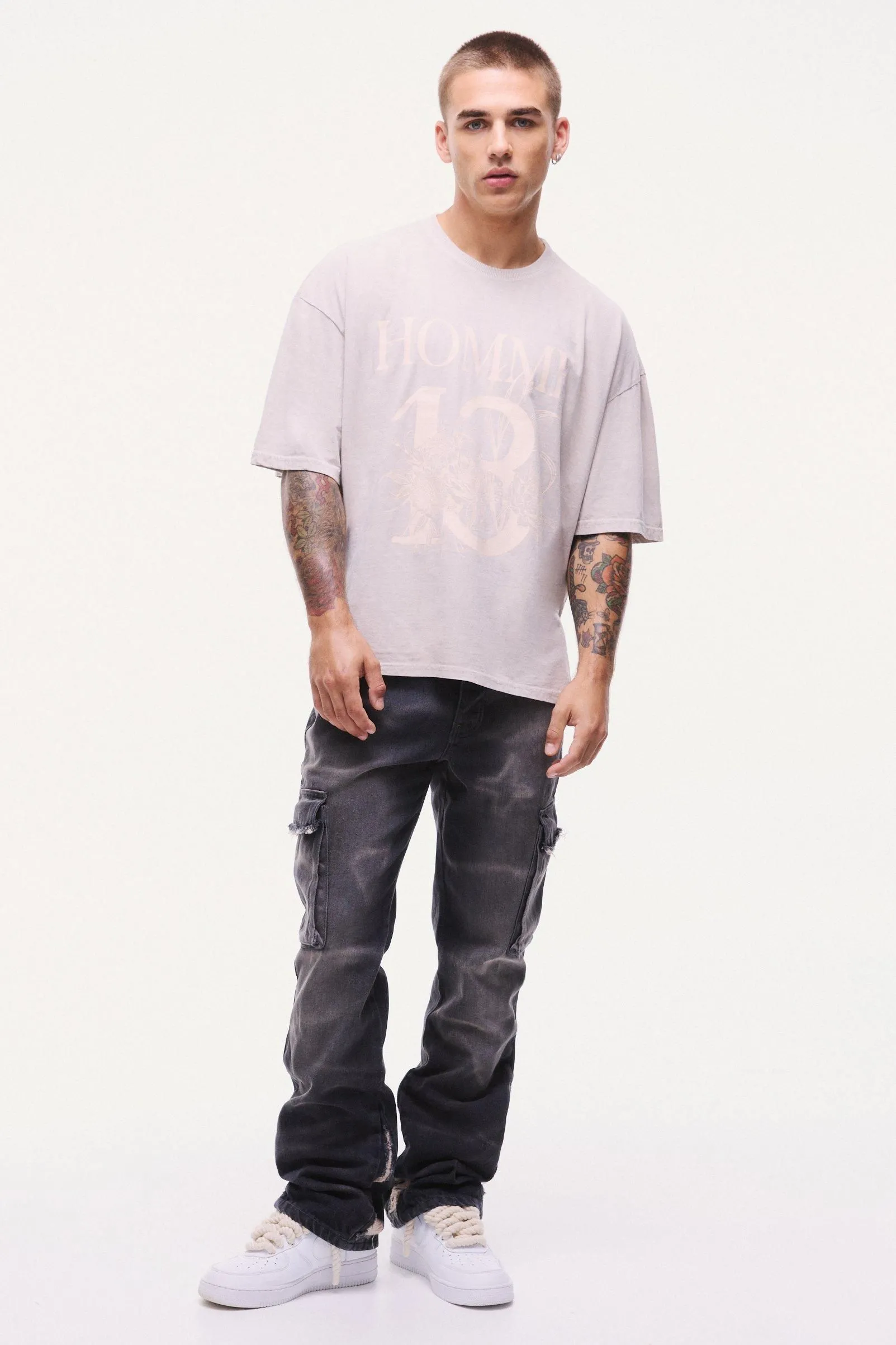 Slim Rigid Flare Overdyed Distressed Cargo Jeans