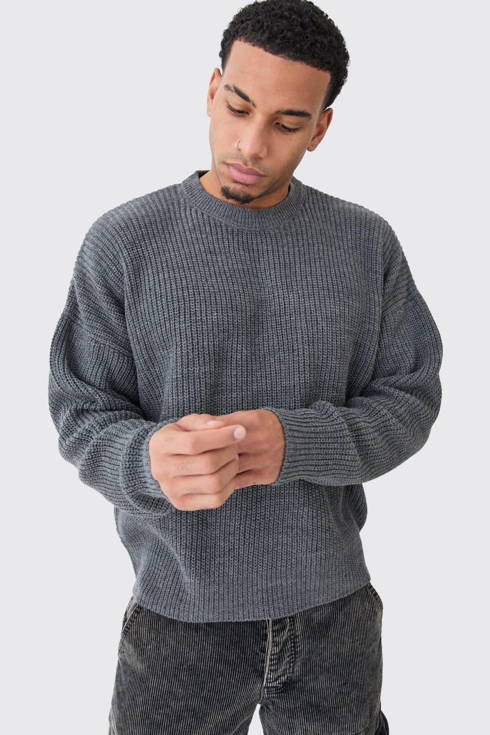 Boxy Crew Neck Ribbed Knitted Jumper