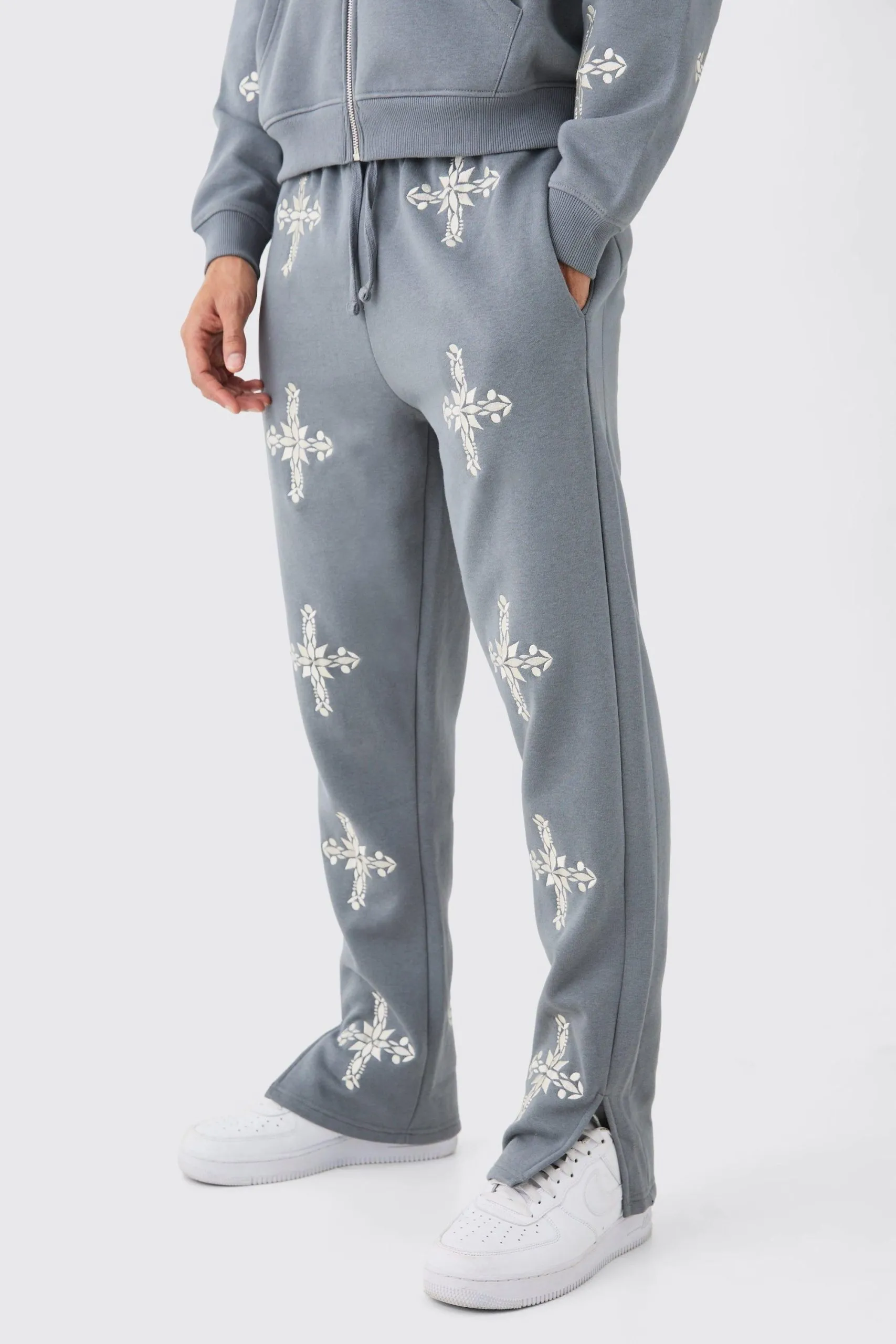 Regular Fit Split Hem Cross Embroidered Joggers