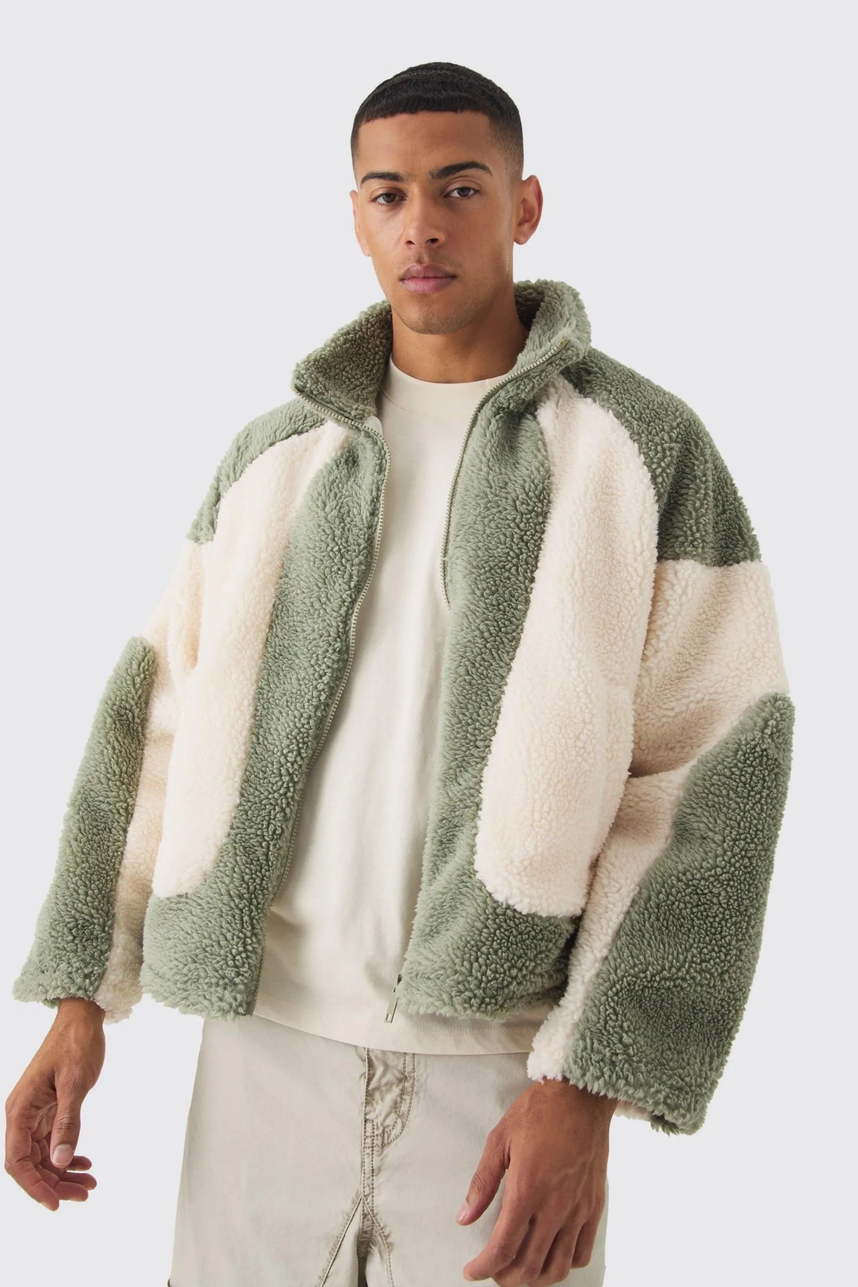 Colour Block Borg Jacket In Sage