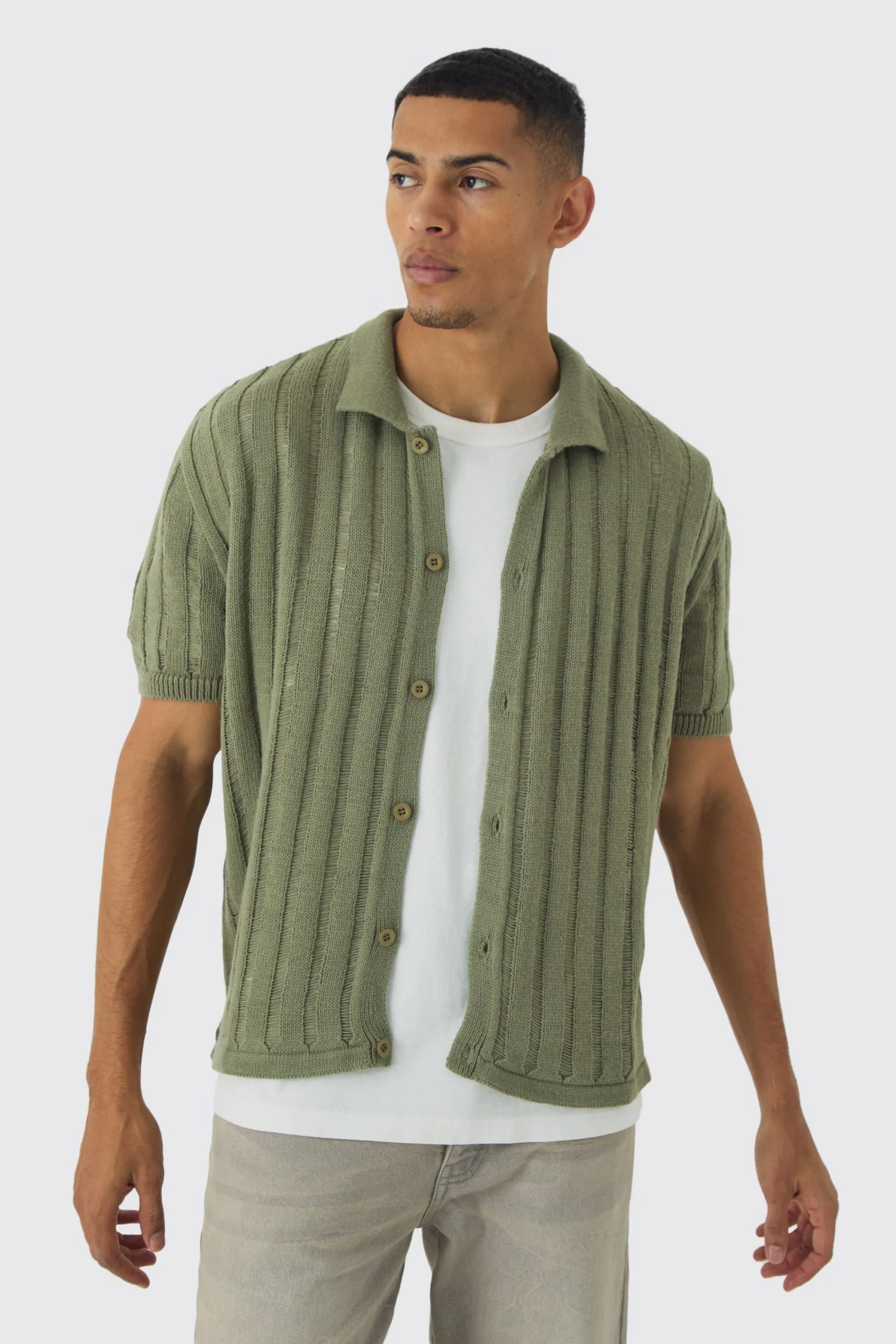 Oversized Boxy Open Ladder Stitch Knitted Shirt In Khaki