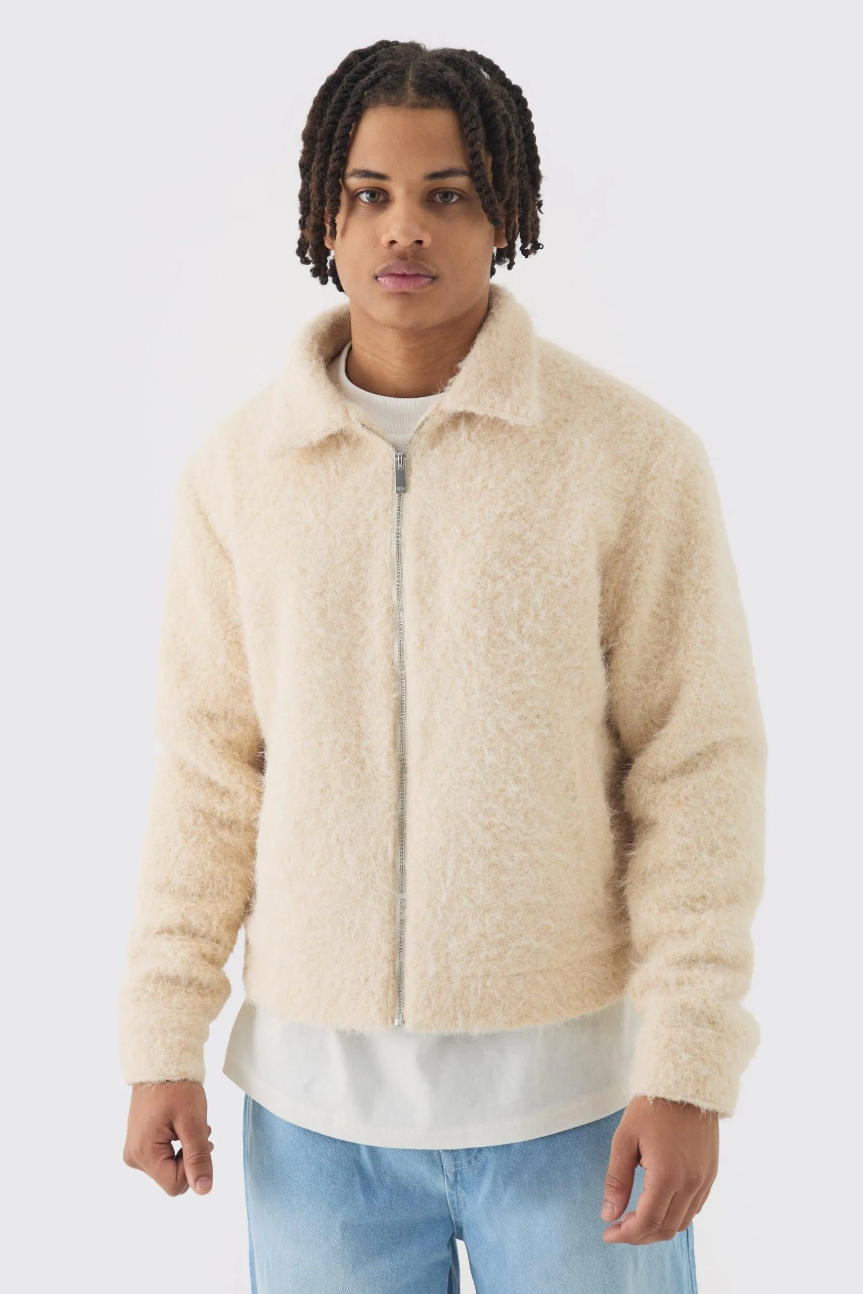 Boxy Fluffy Texture Harrington Jacket In Ecru