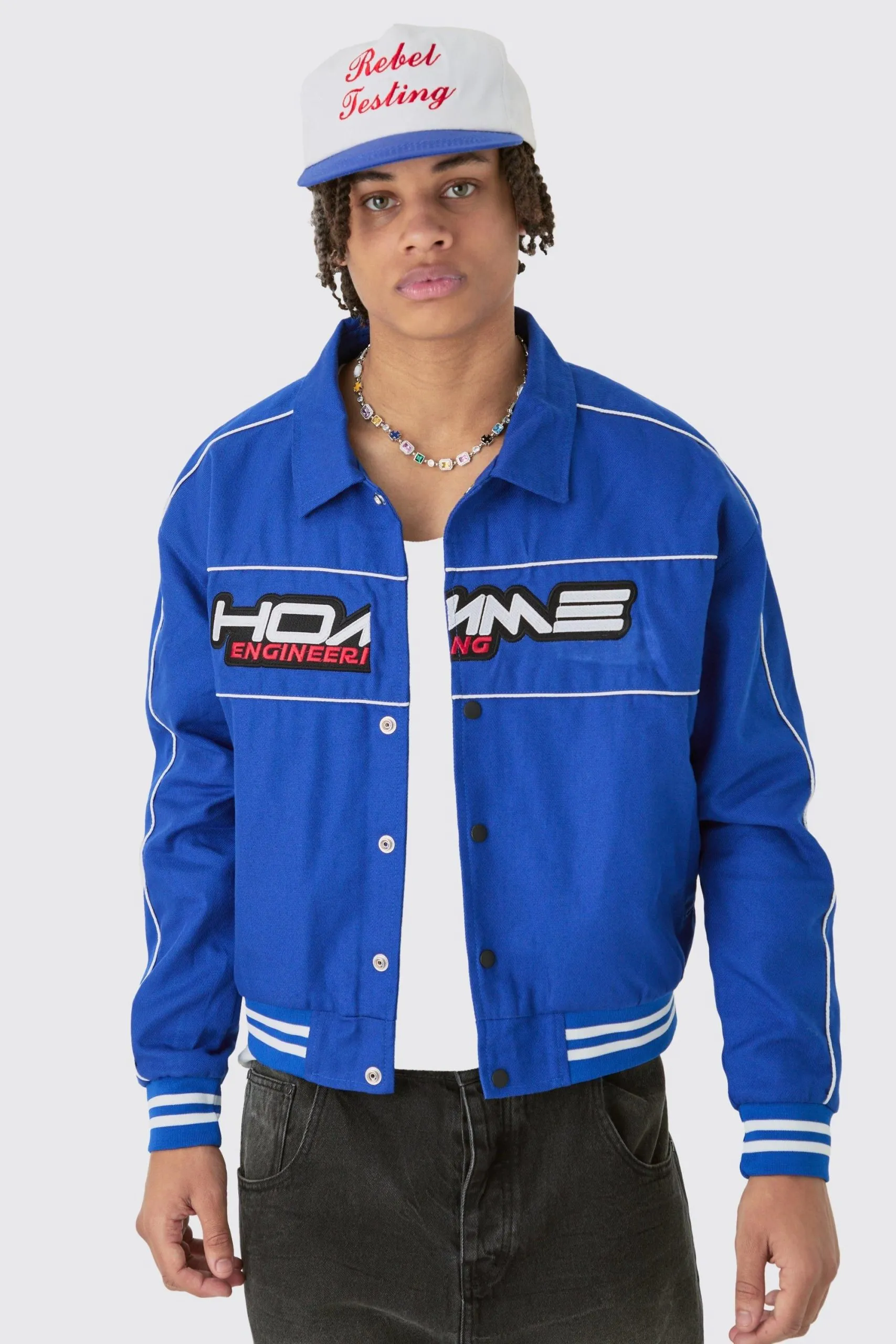 Boxy Twill Moto Collared Bomber Jacket In Blue