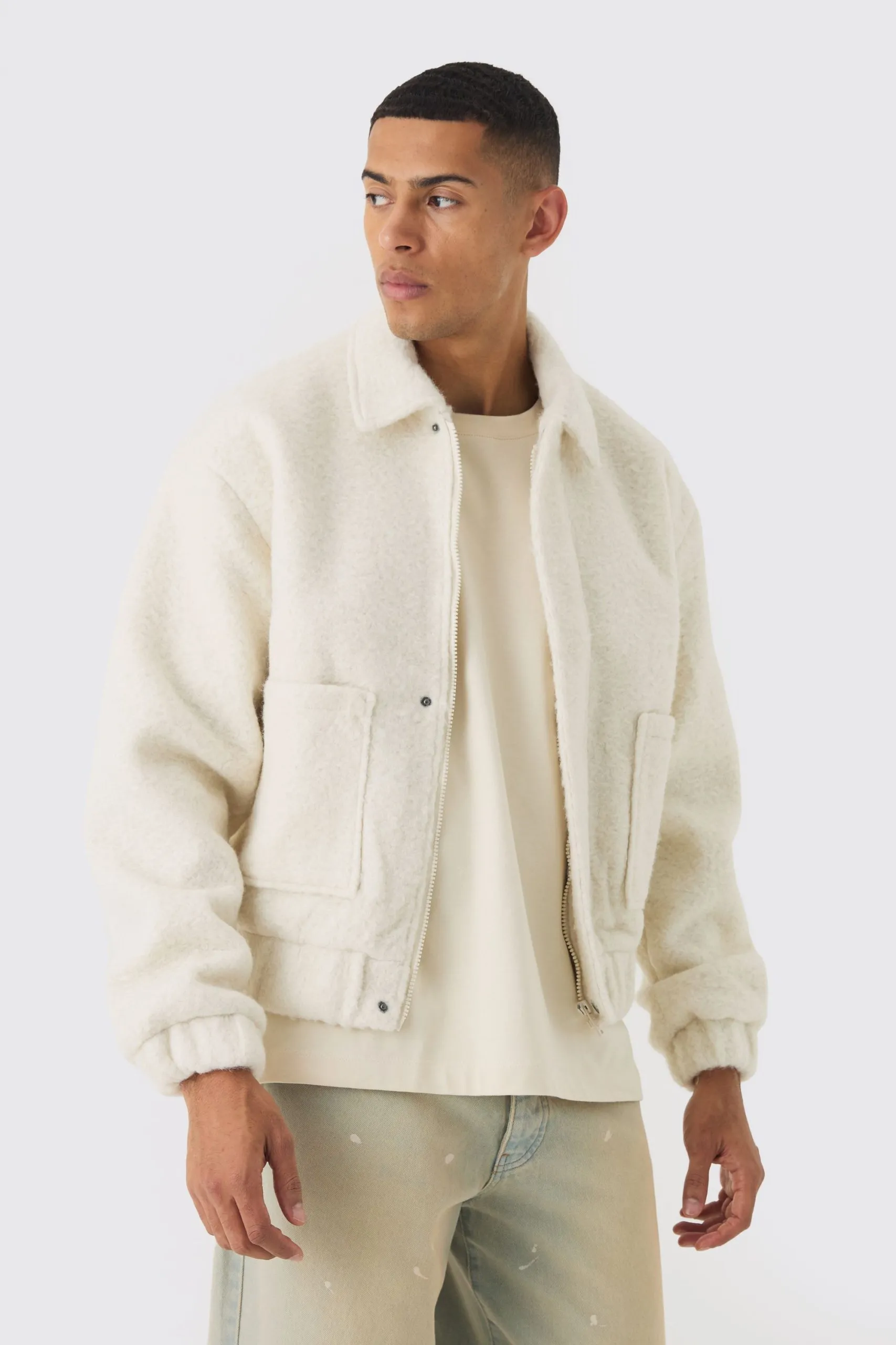 Boxy Brushed Boucle Harrington Jacket In Ecru