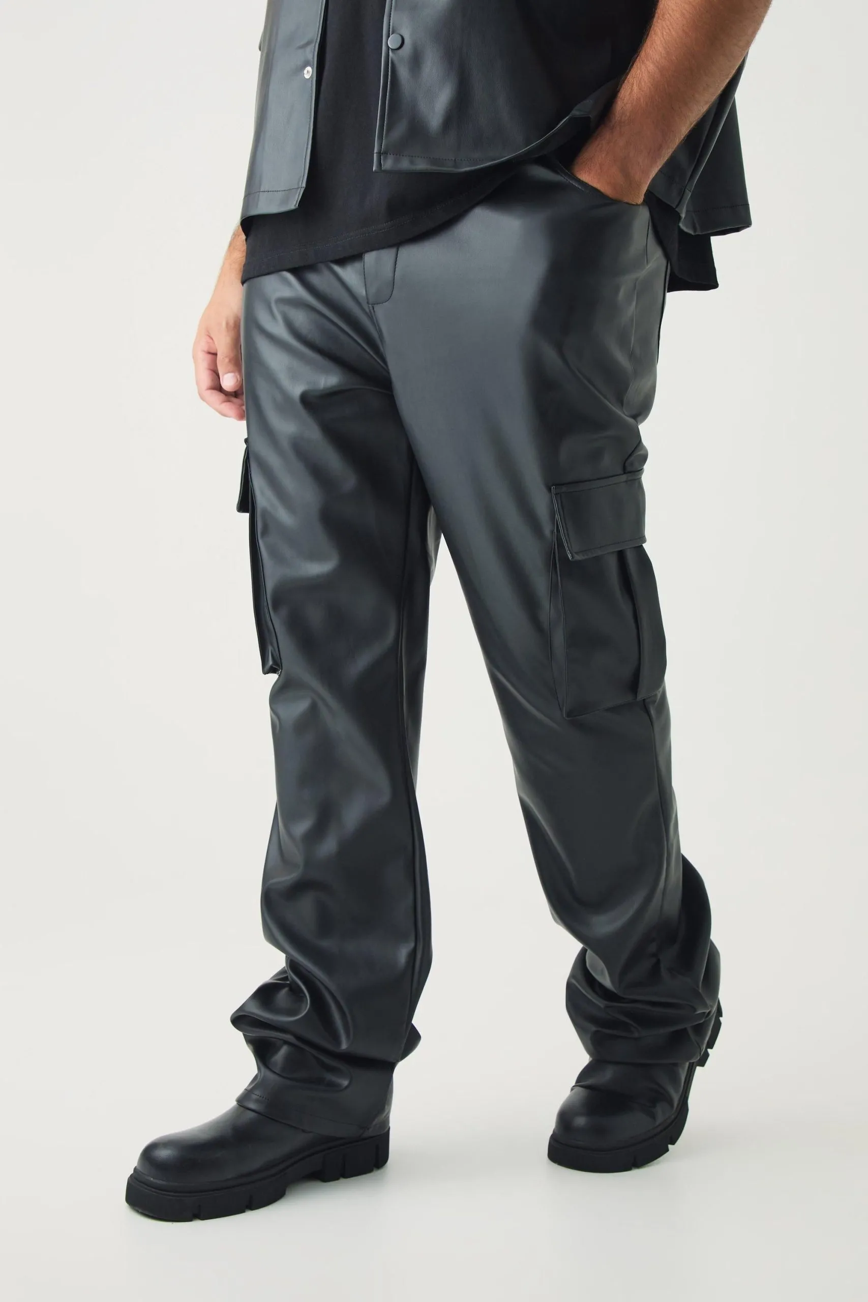 Plus PU Cargo Stacked Flared Trousers