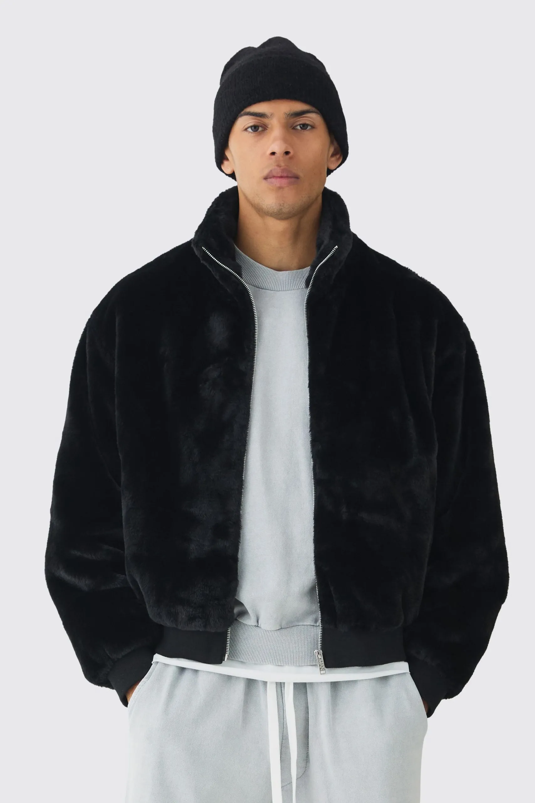 Faux Fur Funnel Neck Bomber Jacket In Black