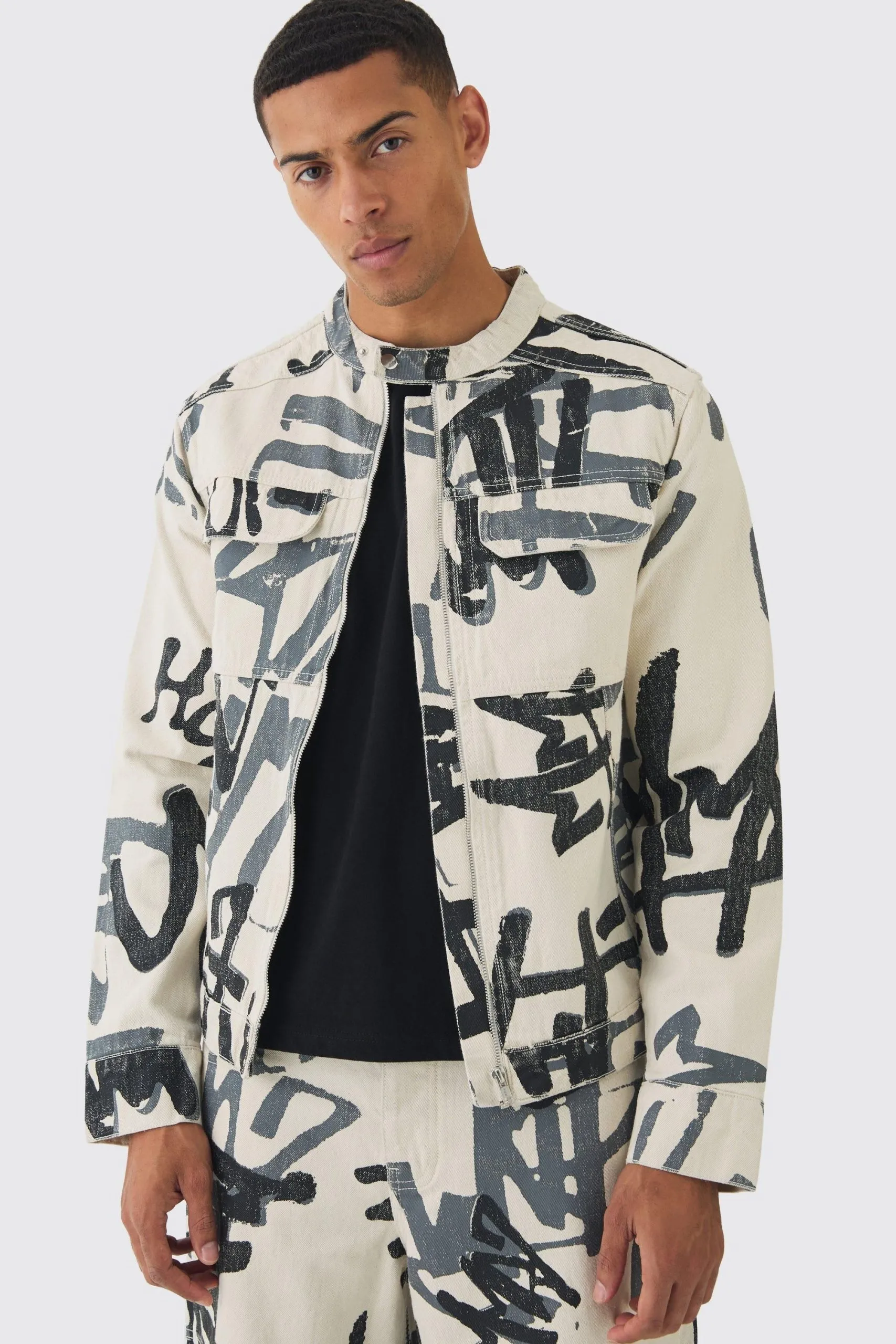 Slim Boxy Denim Graffiti Laser Print Biker Jacket