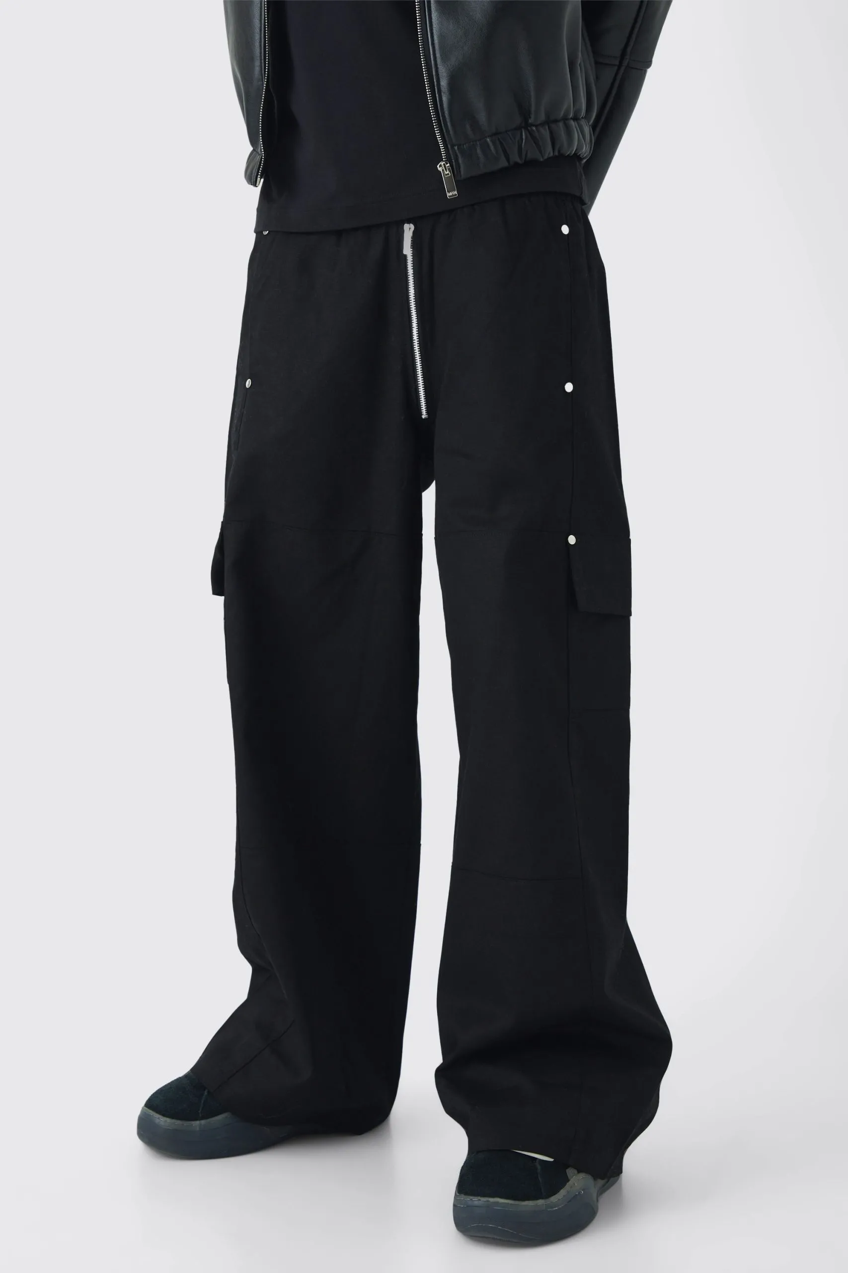 Elasticated Waist Baggy Fit Heavy Twill Extended Drawcord Cargo Trousers