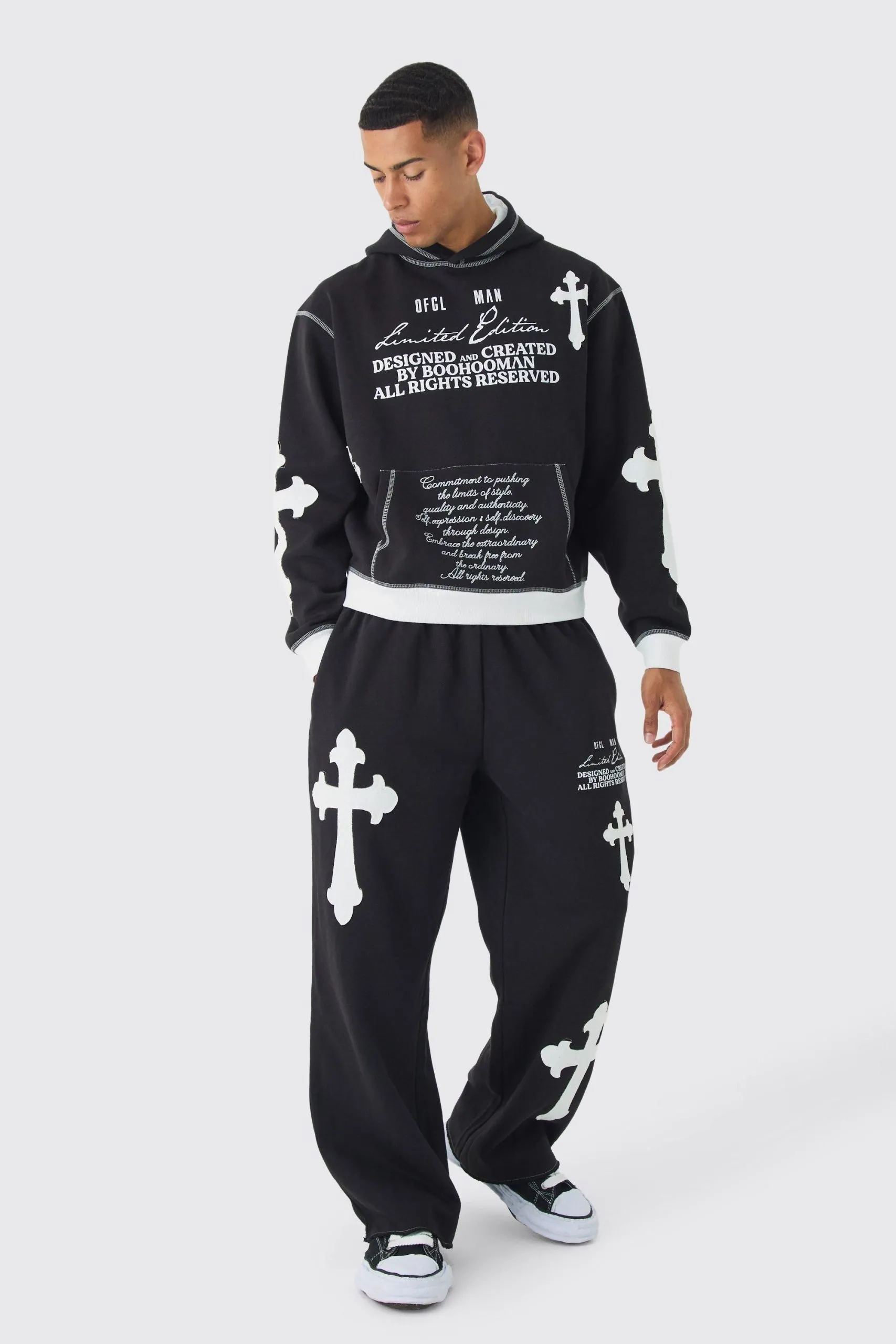 Oversized Boxy Limited Edition Cross Applique Hoodie and Jogger Tracksuit