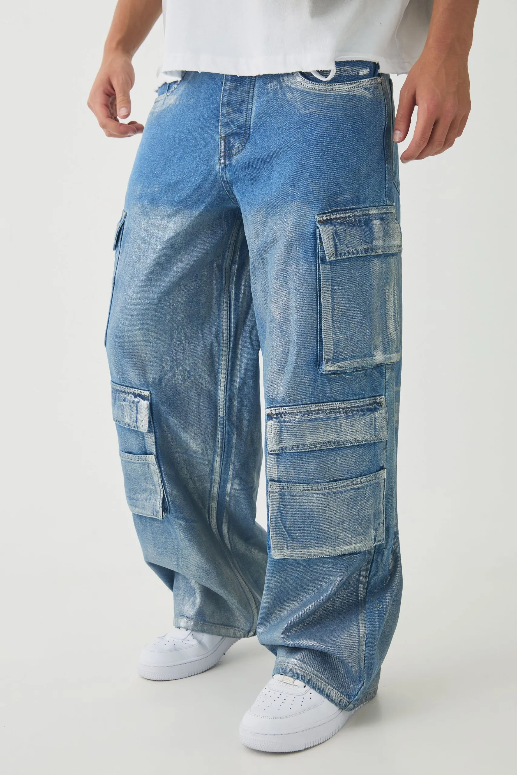 Baggy Rigid Sliver Metallic Coated Denim Cargo Jeans
