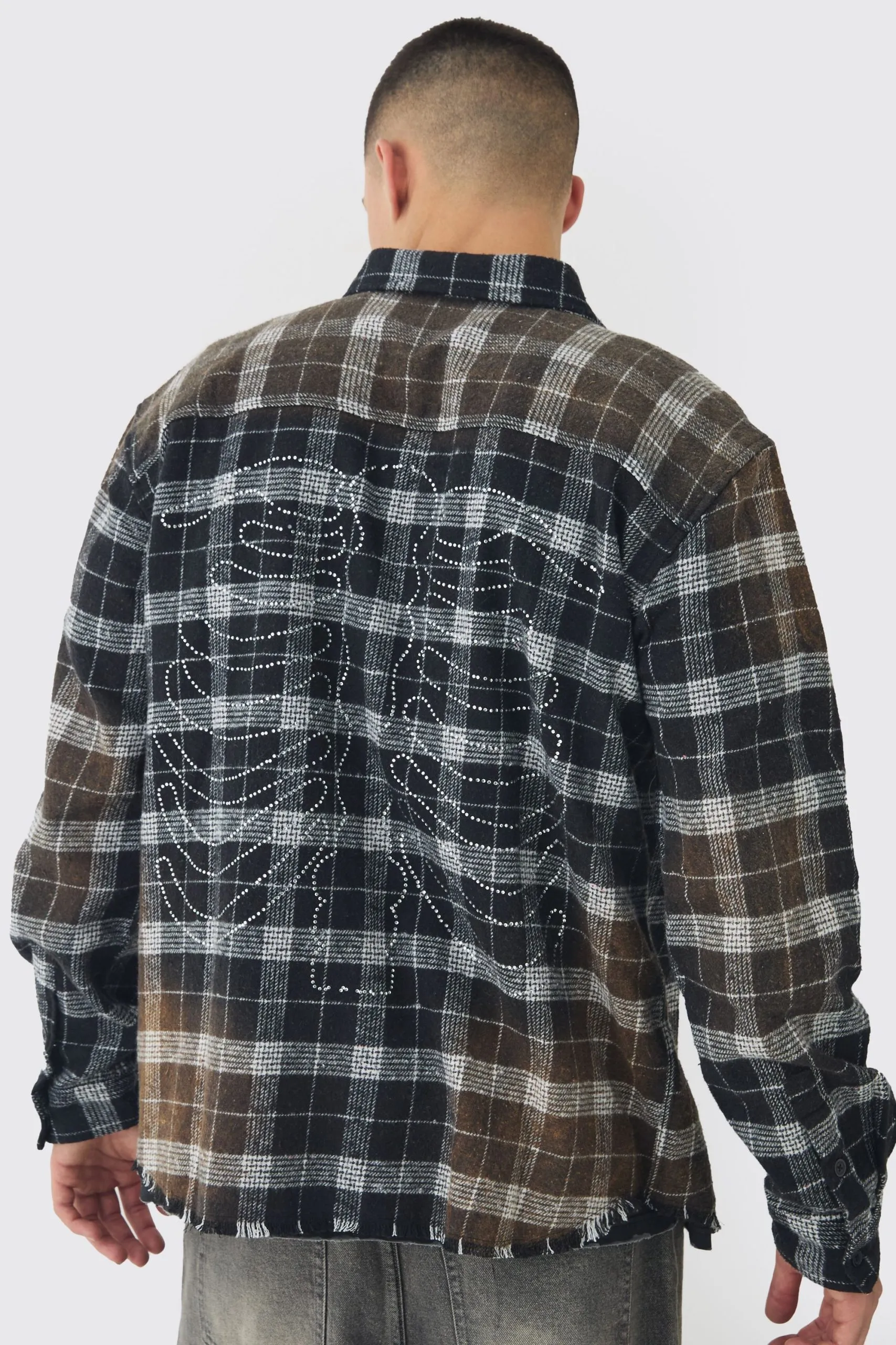 Oversized Distressed Skeleton Rhinestone Checked Shirt