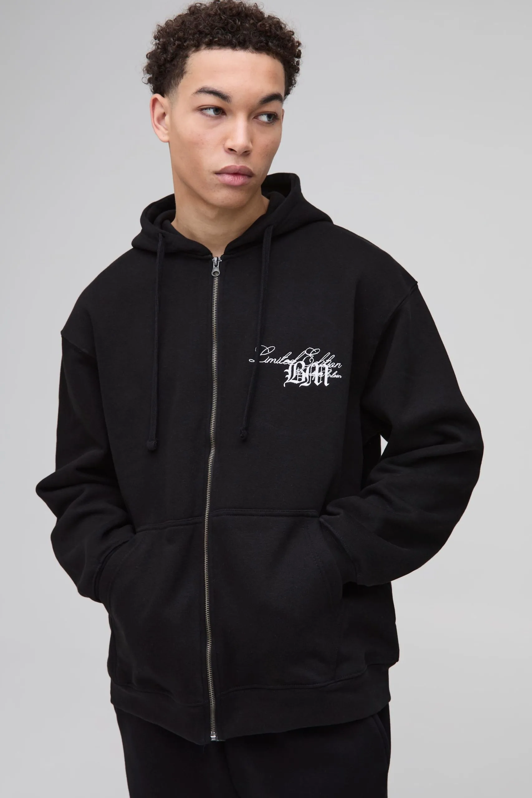Oversized BM 3D Embroidered Zip Through Hoodie