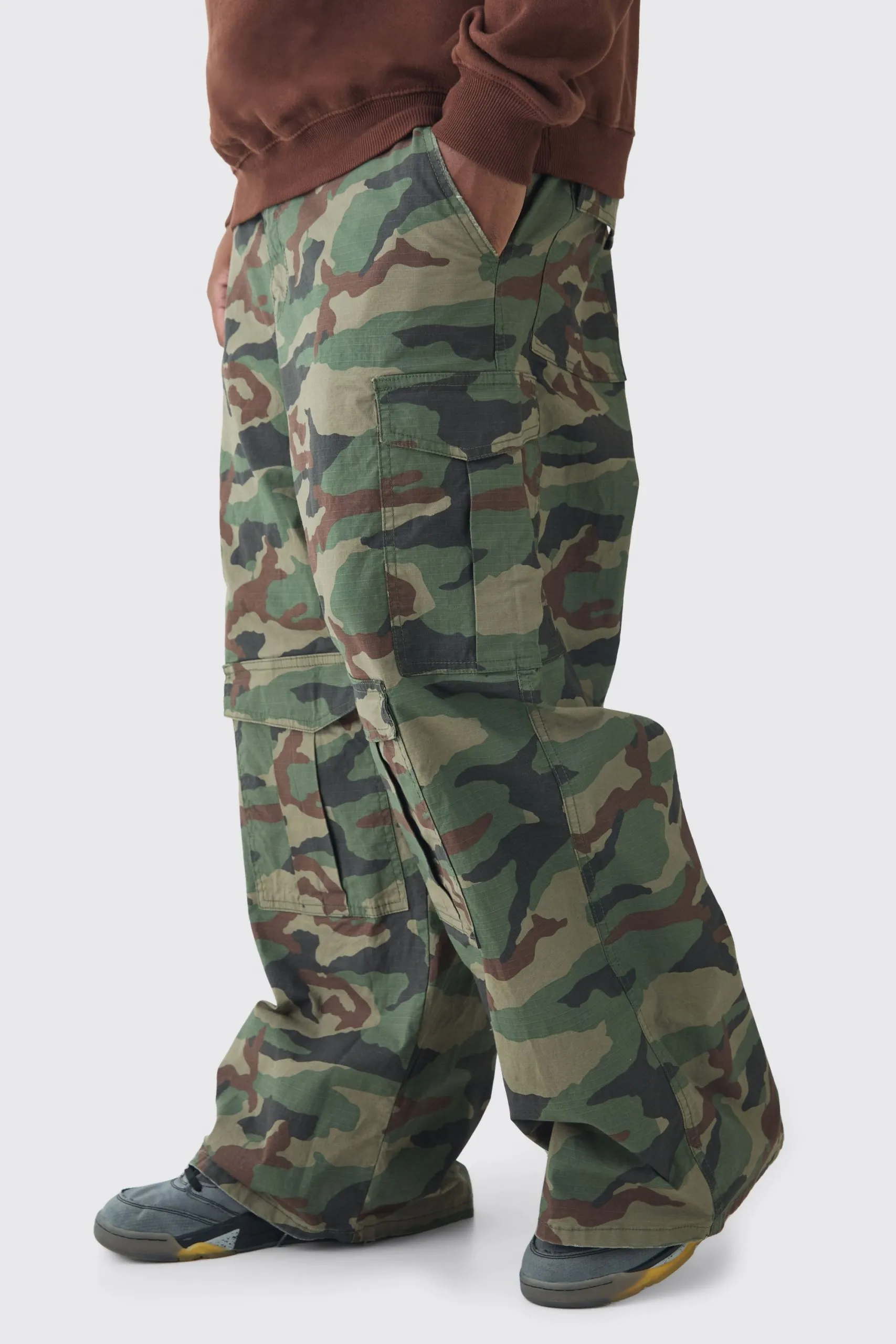 Plus Baggy Fit Canvas Camo Cargo Trousers