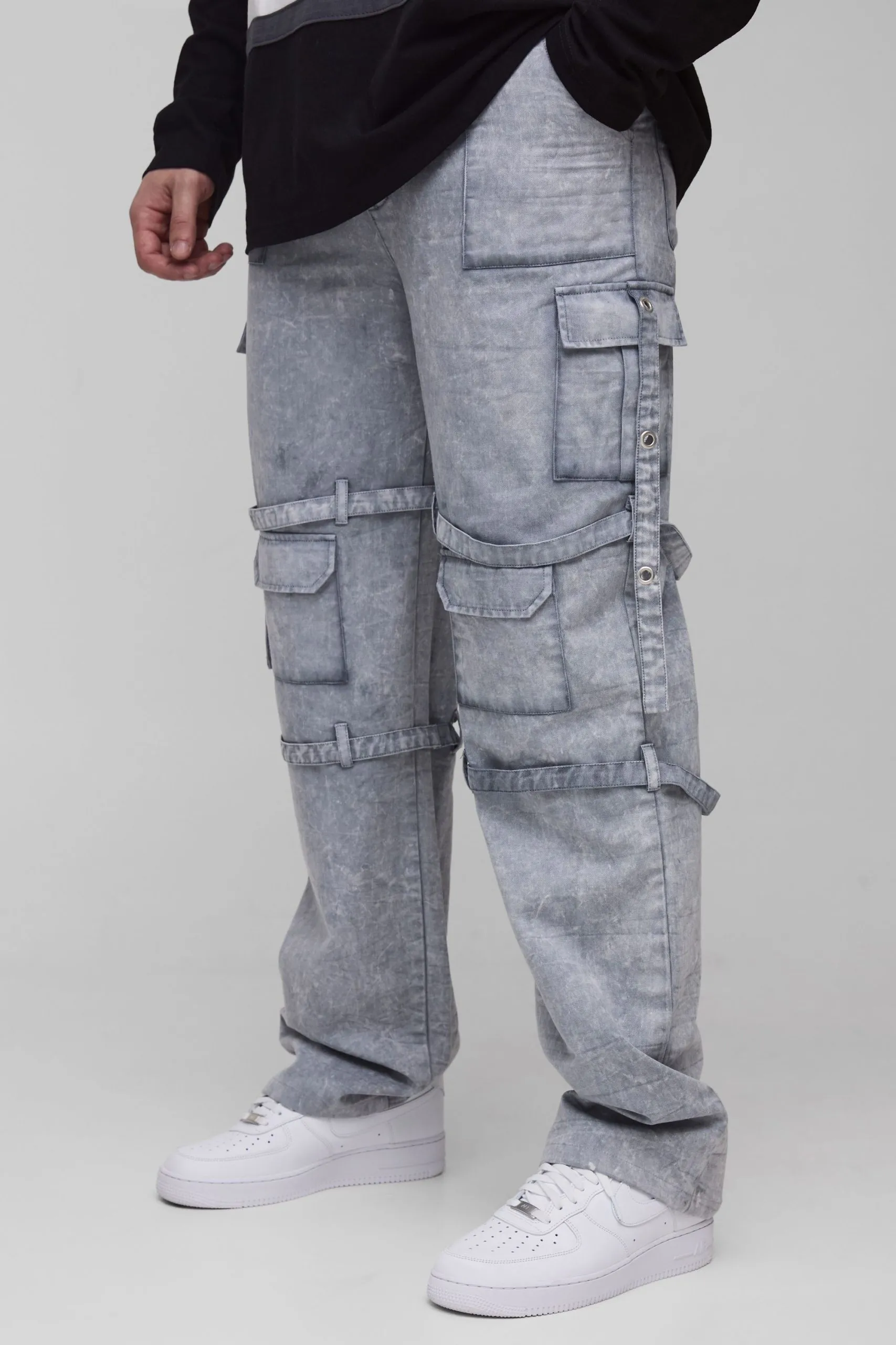 Tall Acid Wash Strappy Relaxed Fit Cargo Trousers
