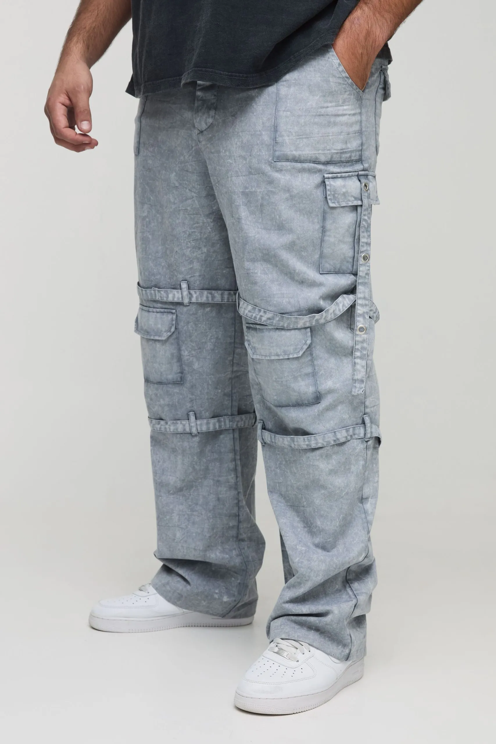 Plus Acid Wash Strappy Relaxed Fit Cargo Trousers