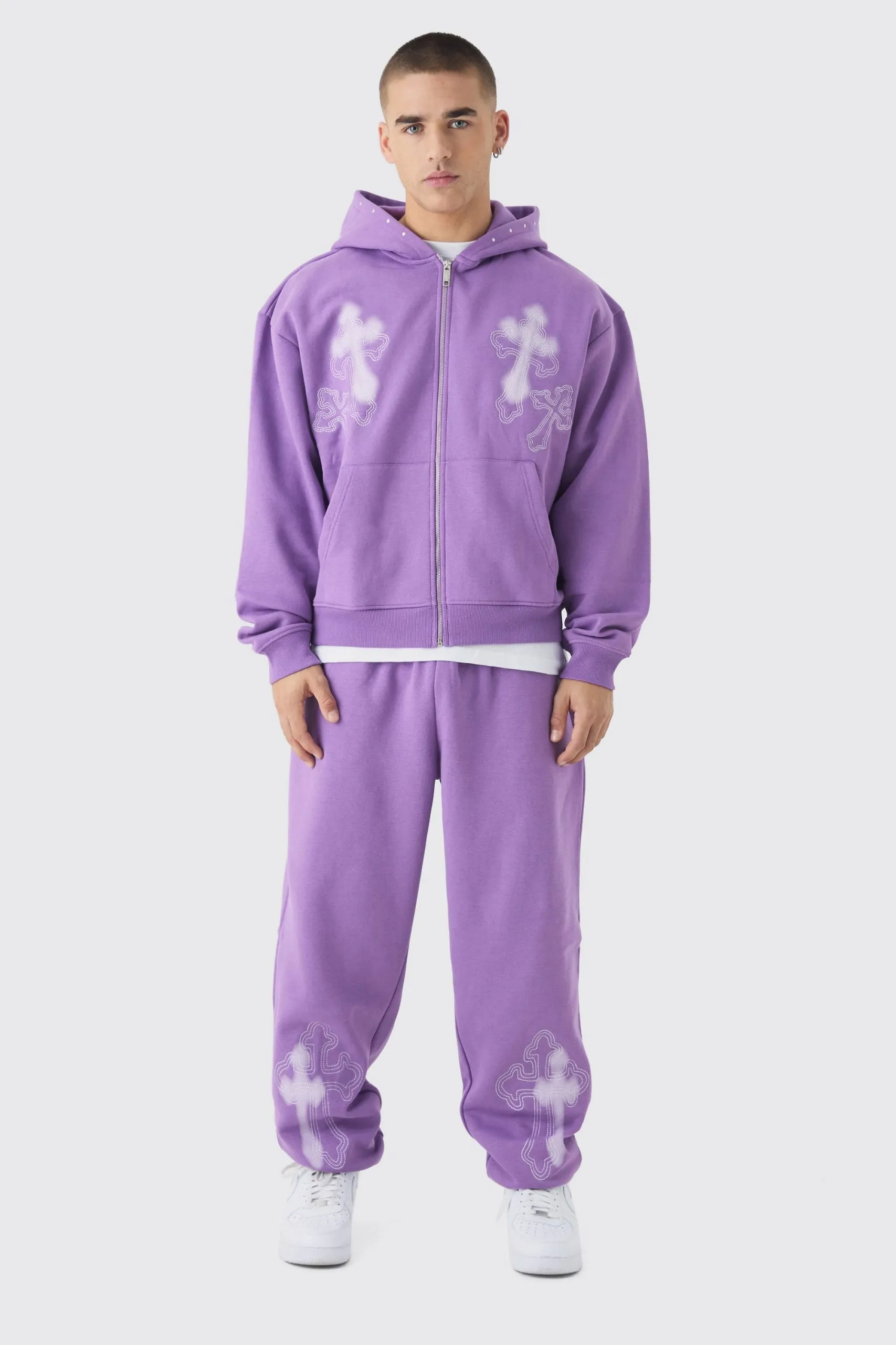 Oversized Boxy Cross Embroidered Zip Through Hooded Tracksuit