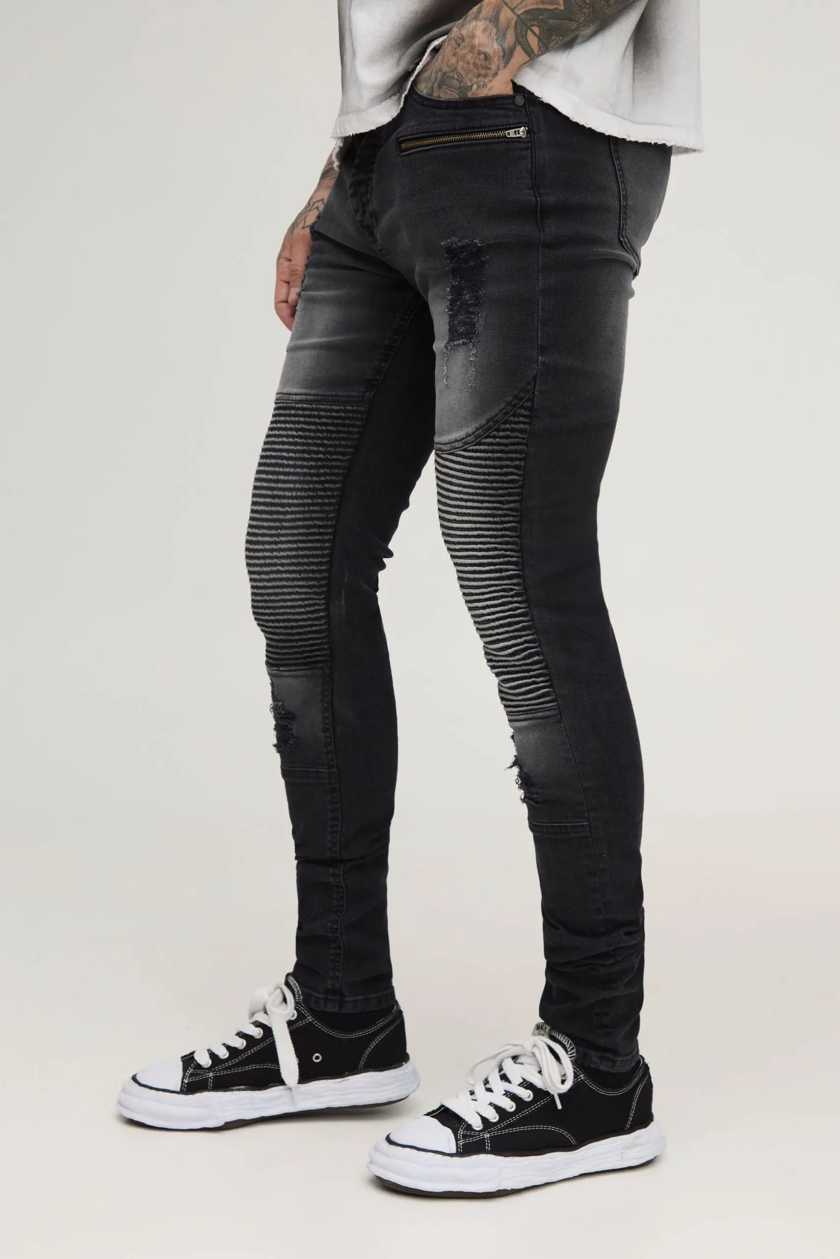 Tall Washed Zip Biker Distressed Stacked Skinny Jeans