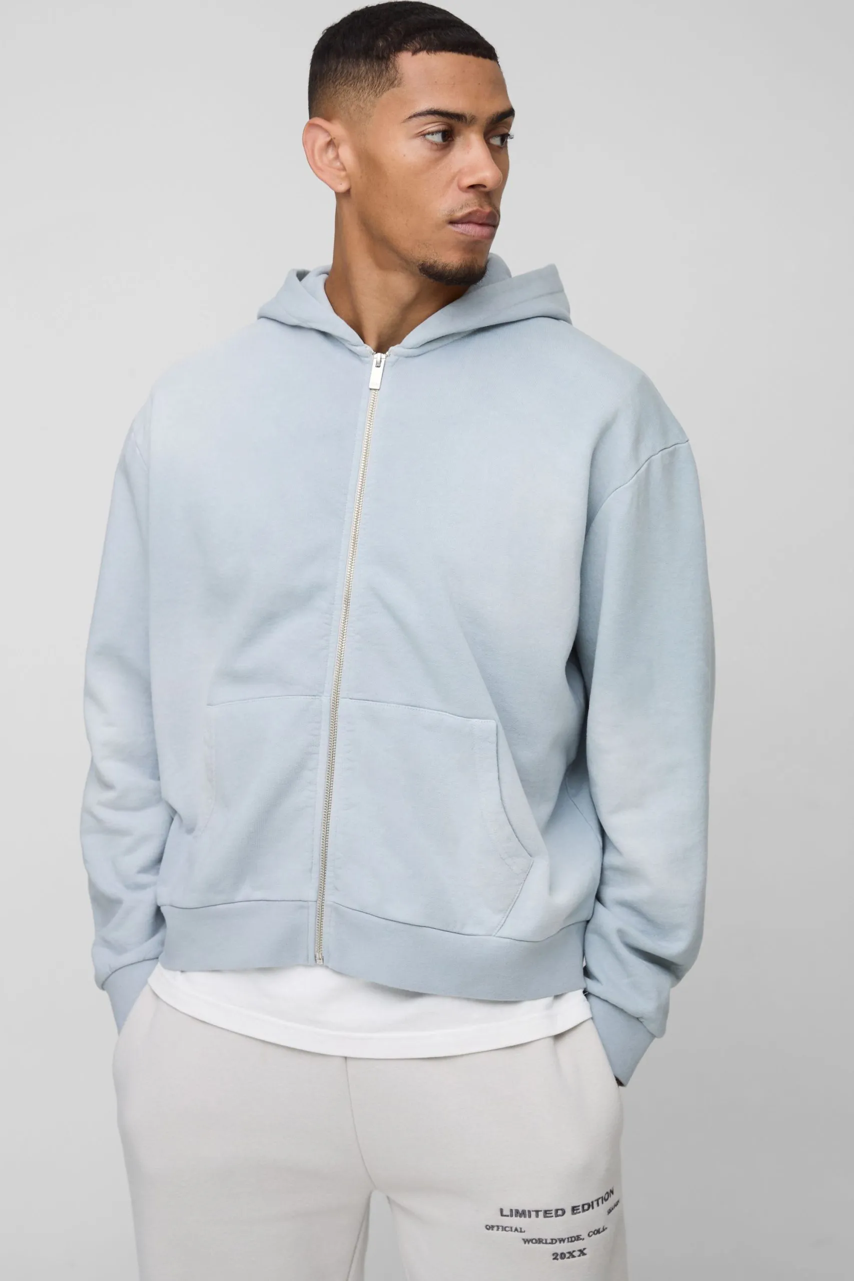 Oversized Boxy Spray Wash Zip Through Hoodie