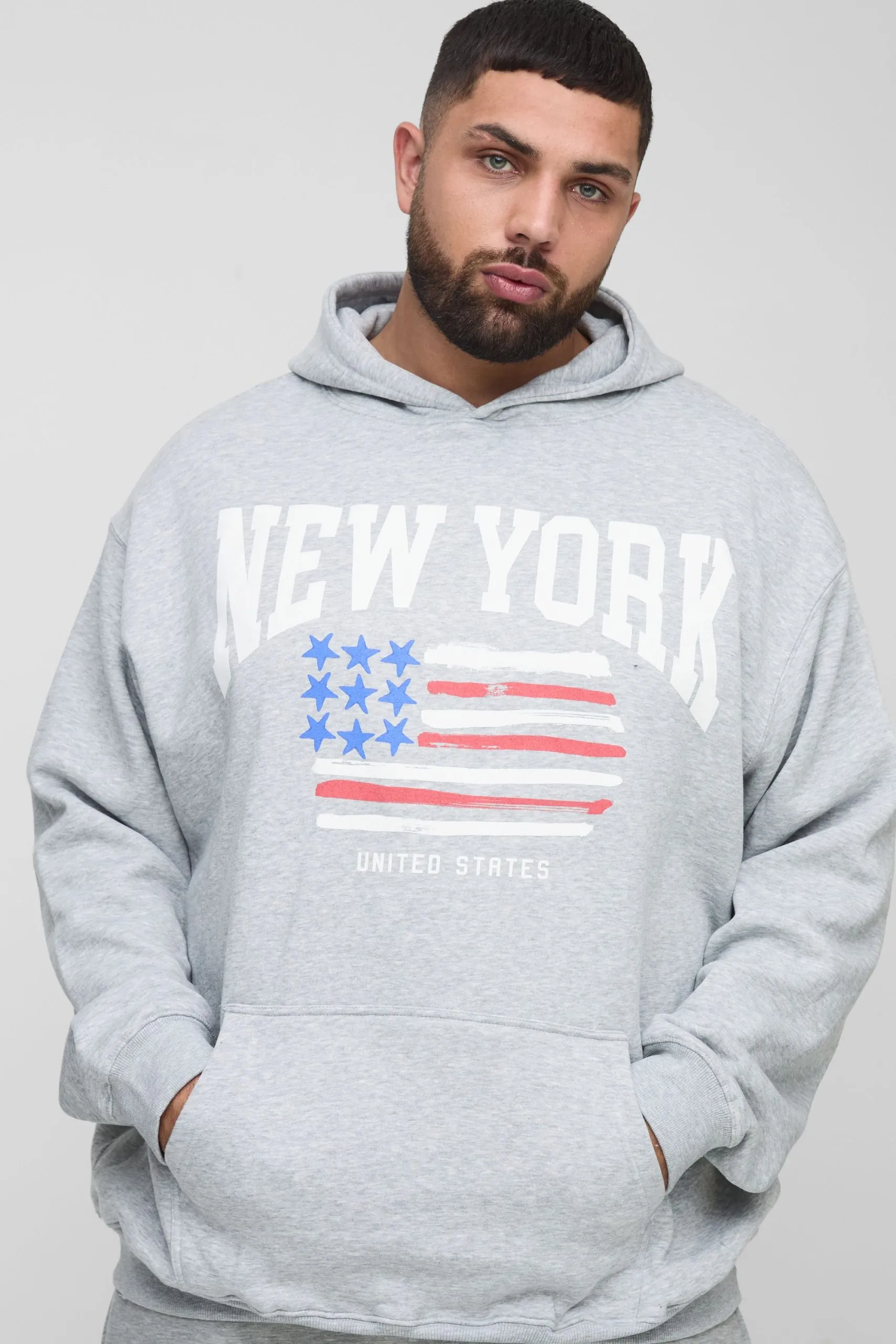 Plus New York Print Oversized Hoodie in Grey