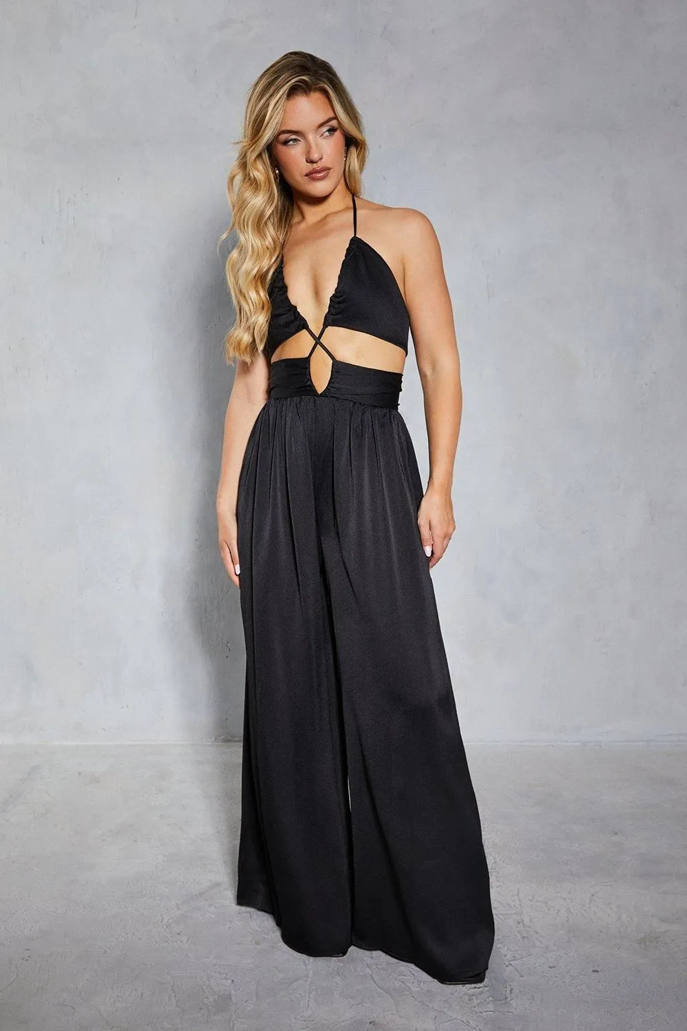 Textured Satin Strappy Cut Out Jumpsuit
