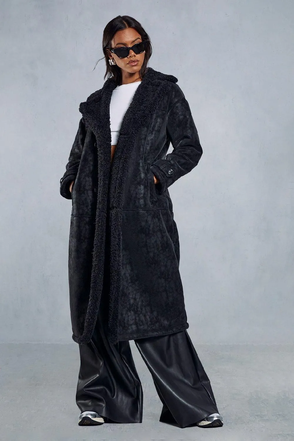 Textured Faux Suede Borg Lined Longline Coat