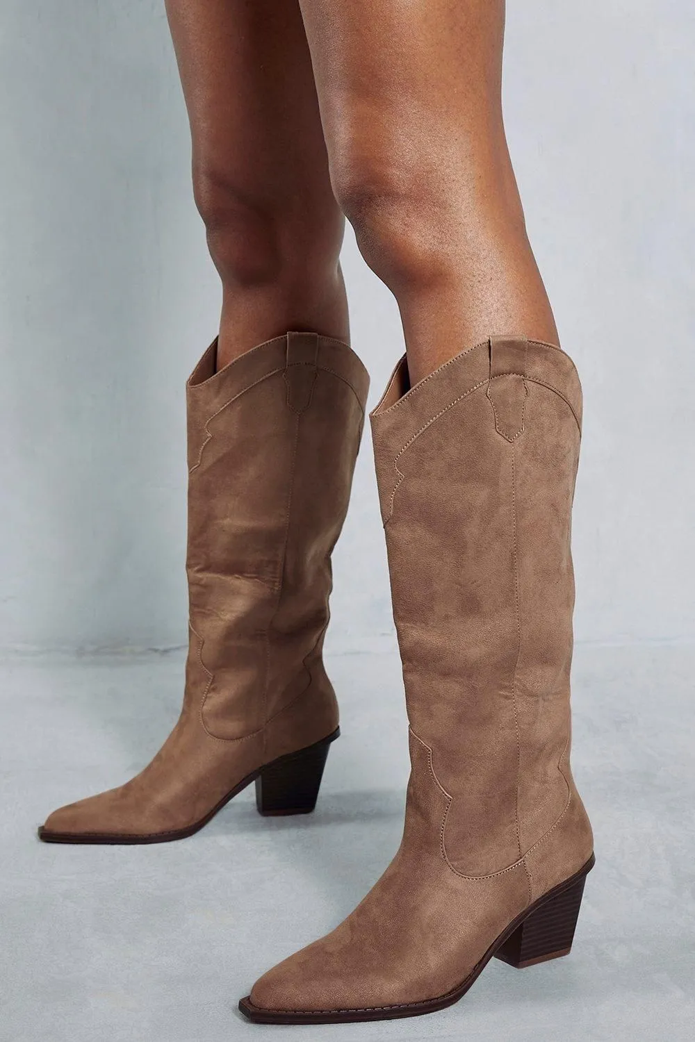 Faux Suede Knee High Cowboy Boots