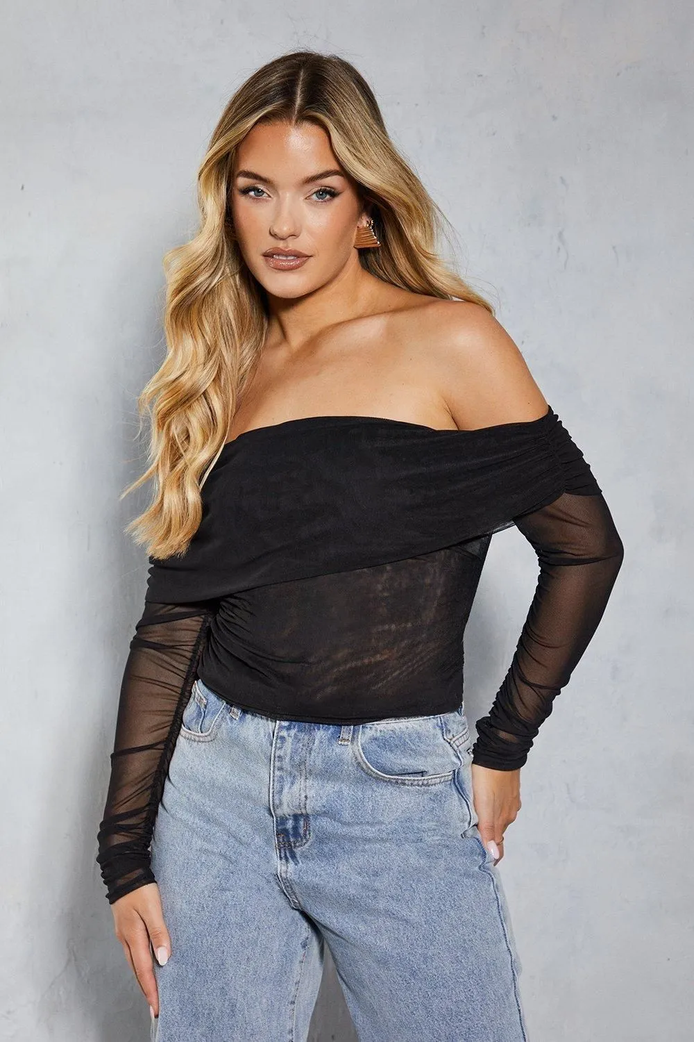 Mesh Ruched Drape Bardot Long Sleeve Top