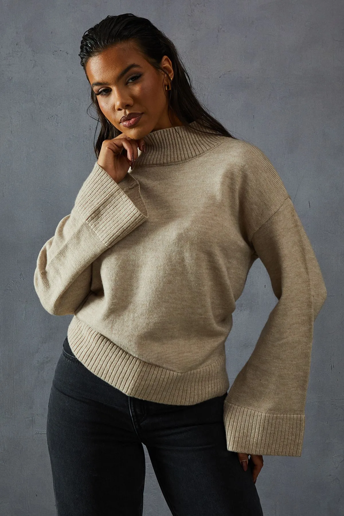 Knitted High Neck Wide Sleeve Jumper