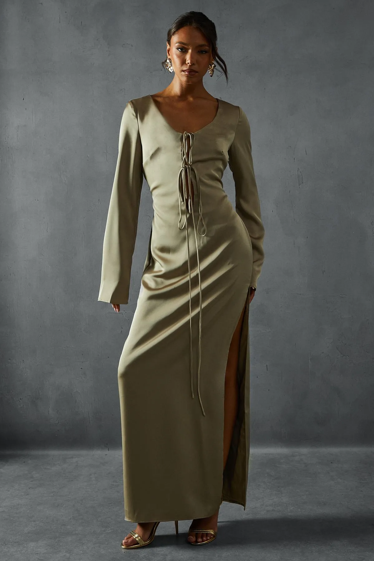 Premium Satin Tie Front Long Sleeve Maxi Dress