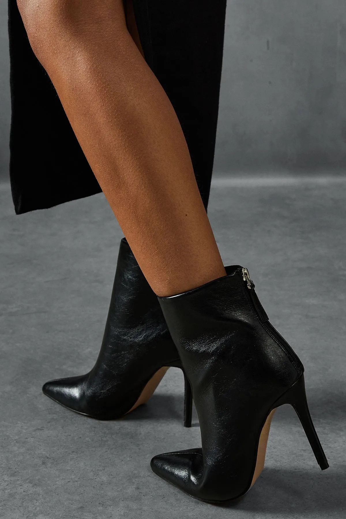 Leather Look Stiletto Pointed Ankle Boots