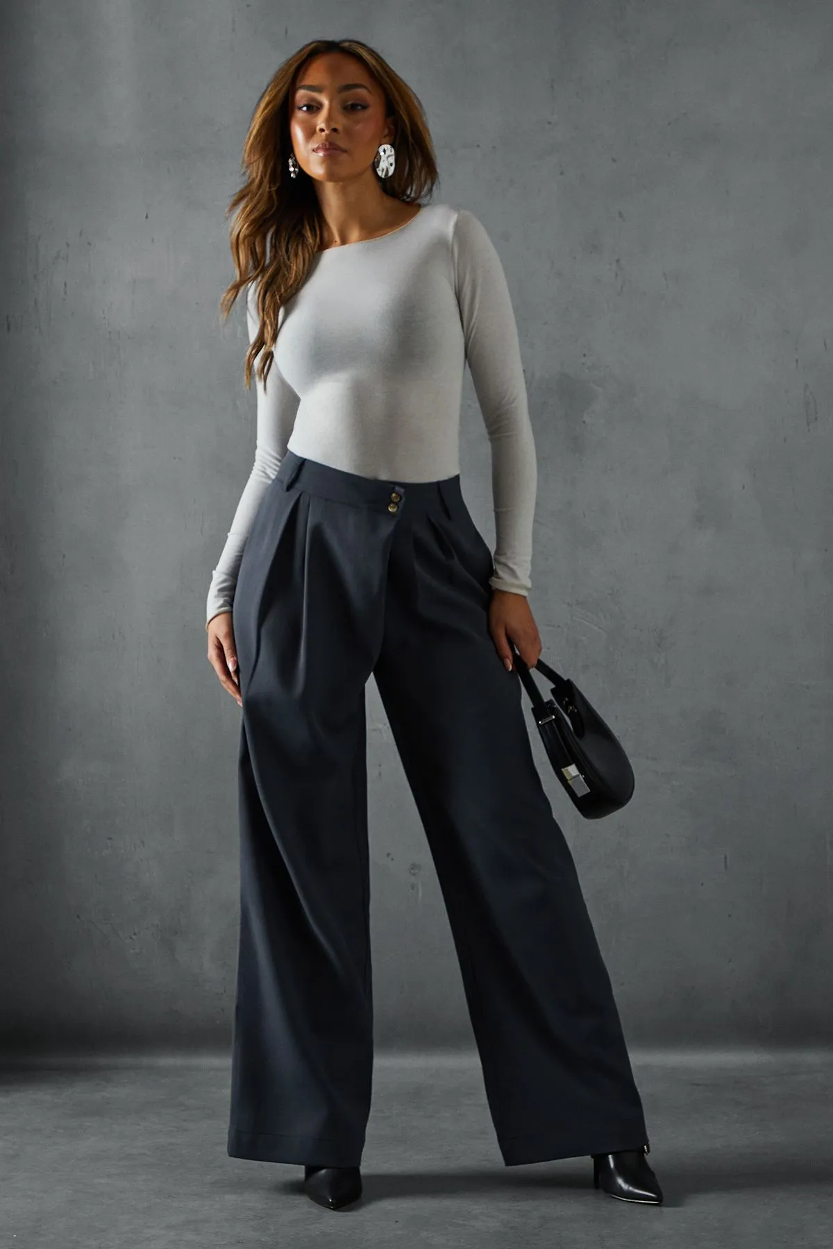 Wide Leg Asymmetric Waistband Trousers