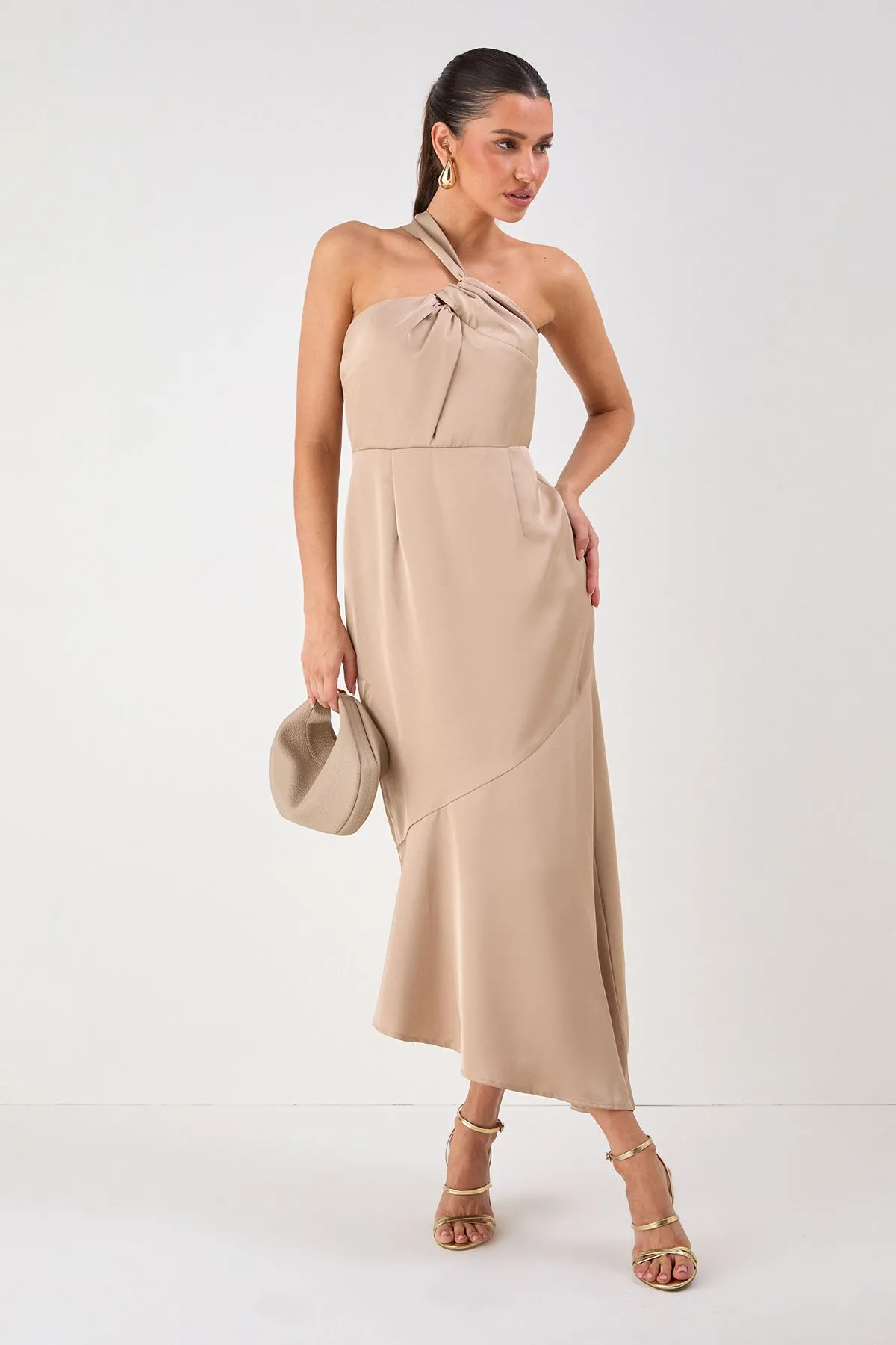 Satin One Shoulder Asymmetric Maxi Dress