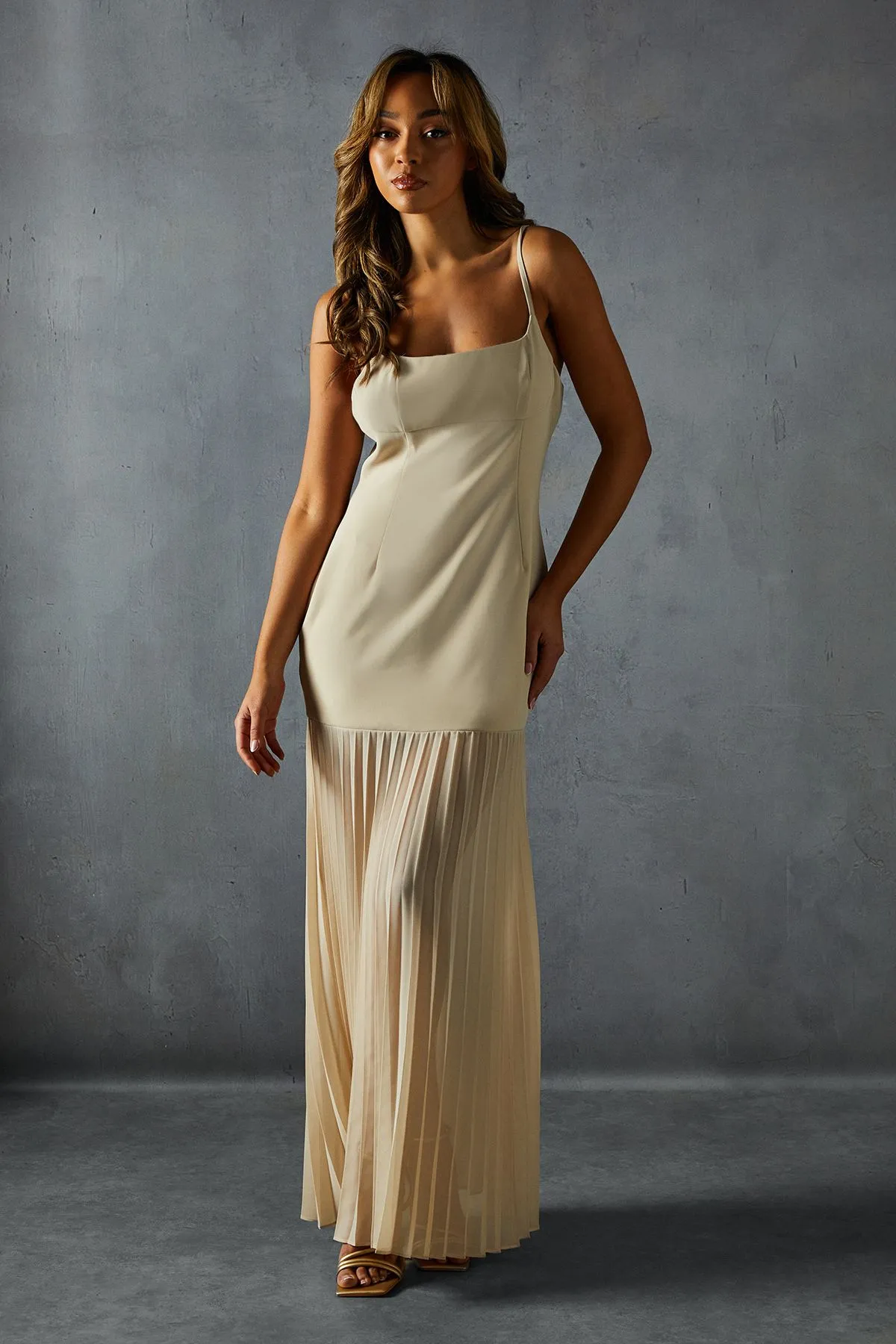 Square Neck Pleated Chiffon Maxi Dress