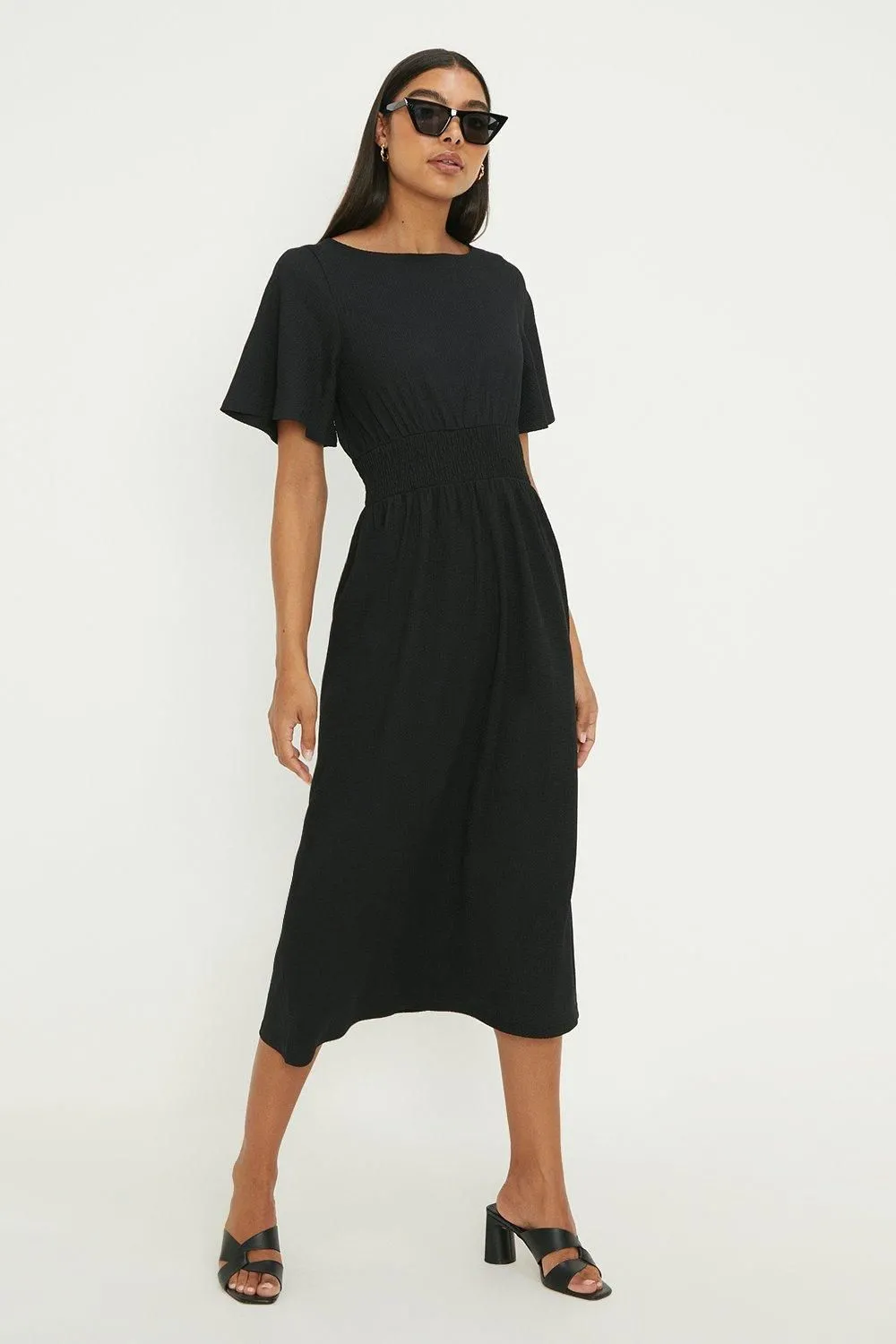 Black Shirred Waist Short Sleeve Midi Dress
