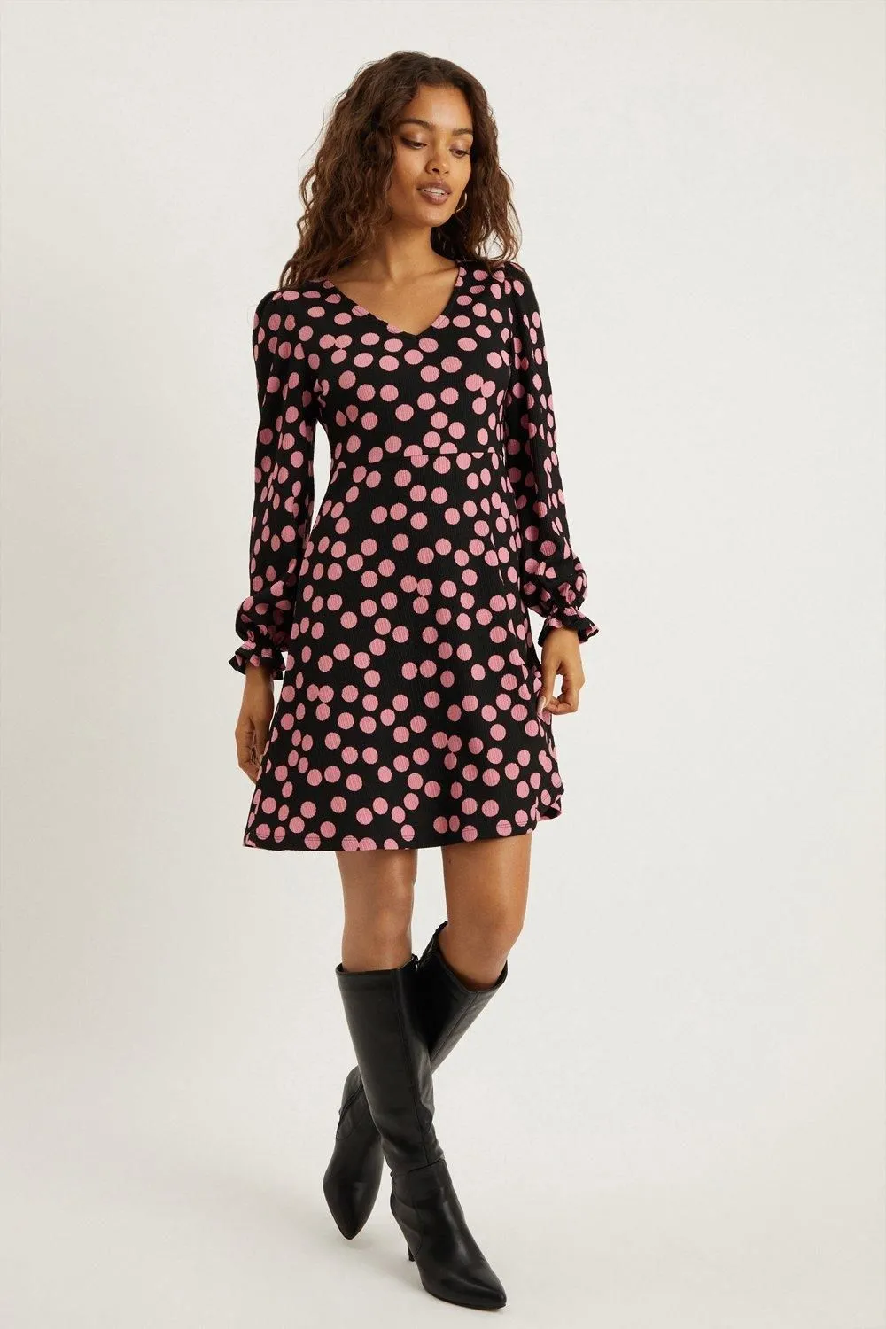 Petite Pink Spot V Neck Long Sleeve Mini