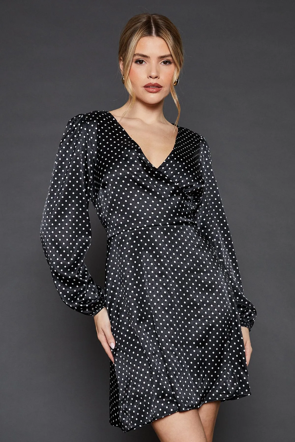 Spot Satin Wrap Mini Dress