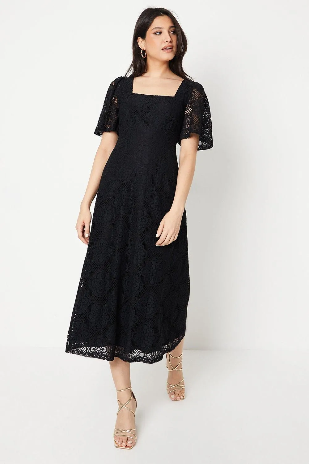 Square Neck Lace Midi Dress