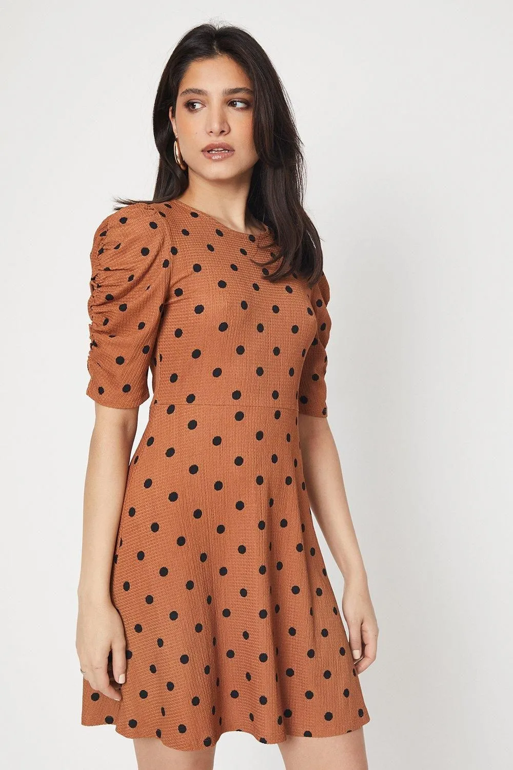Camel Spot Ruched Sleeve Mini Dress