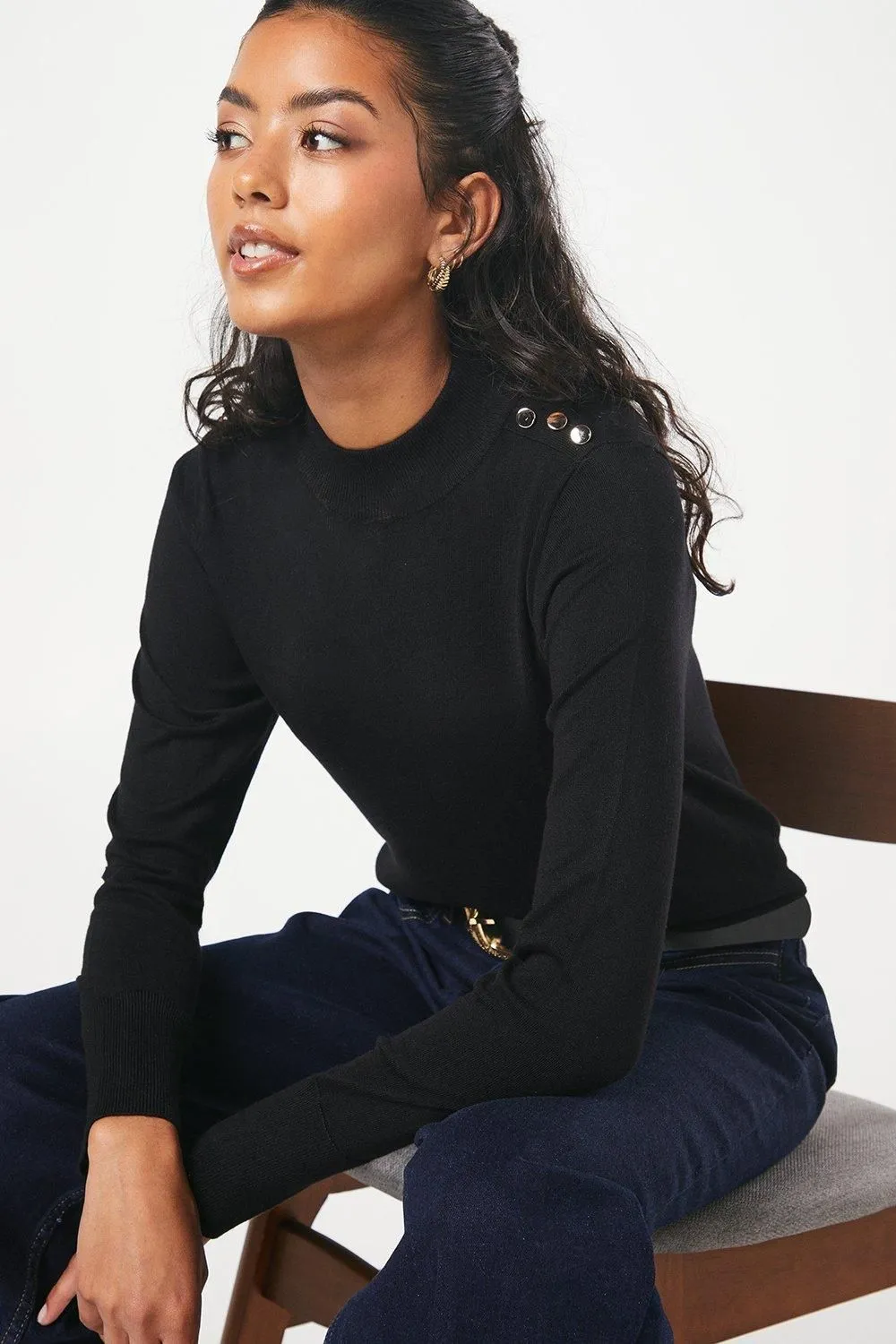 High Neck Button Shoulder Jumper