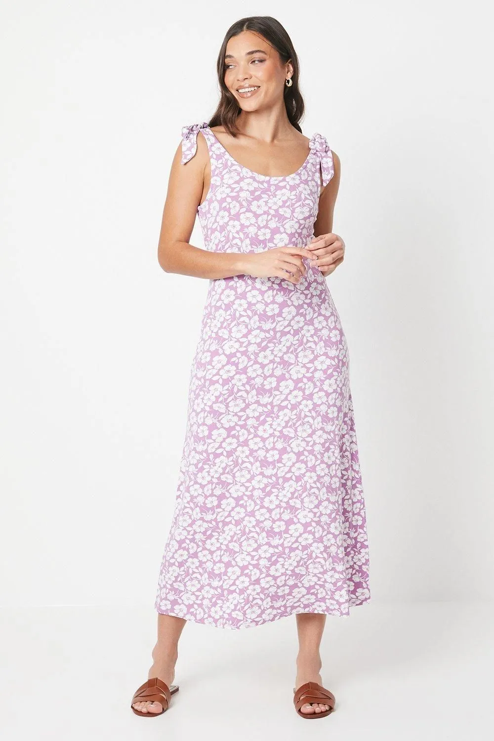 Petite Lilac Floral Scoop Neck Tie Shoulder Midi Dress