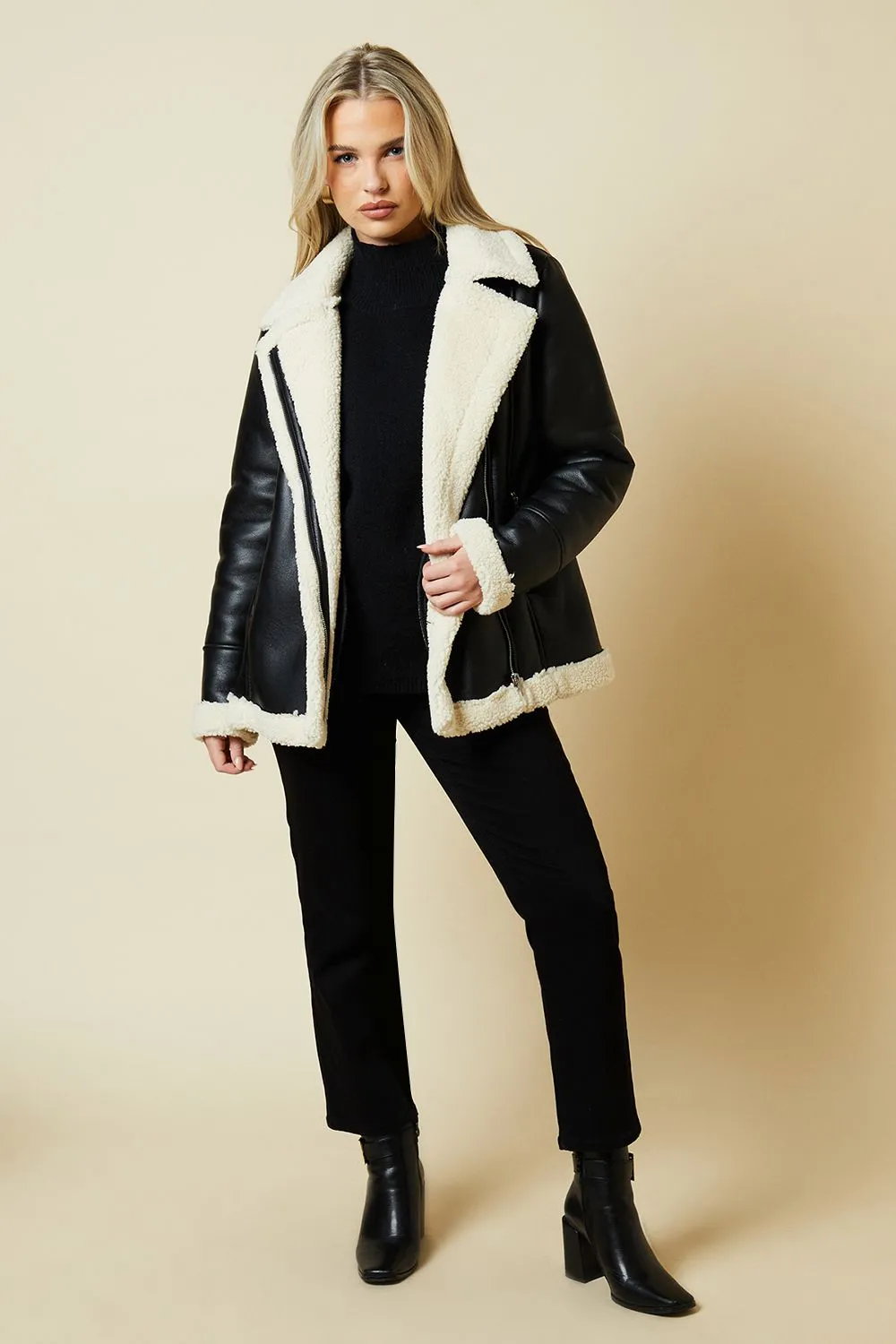 Petite Faux Leather Longline Aviator Jacket