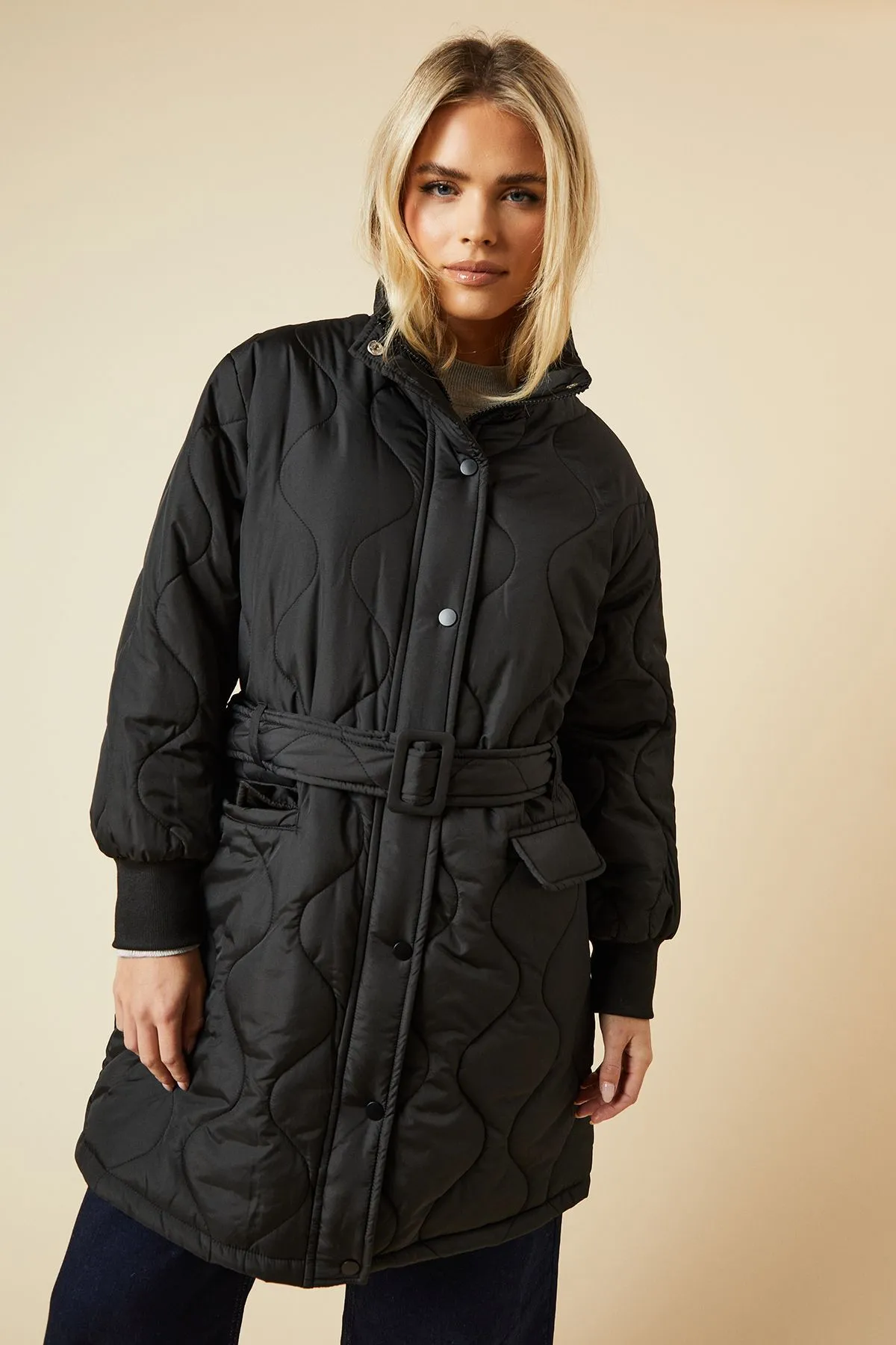 Petite Self Covered Button Quilted Padded Puffer Midi Coat