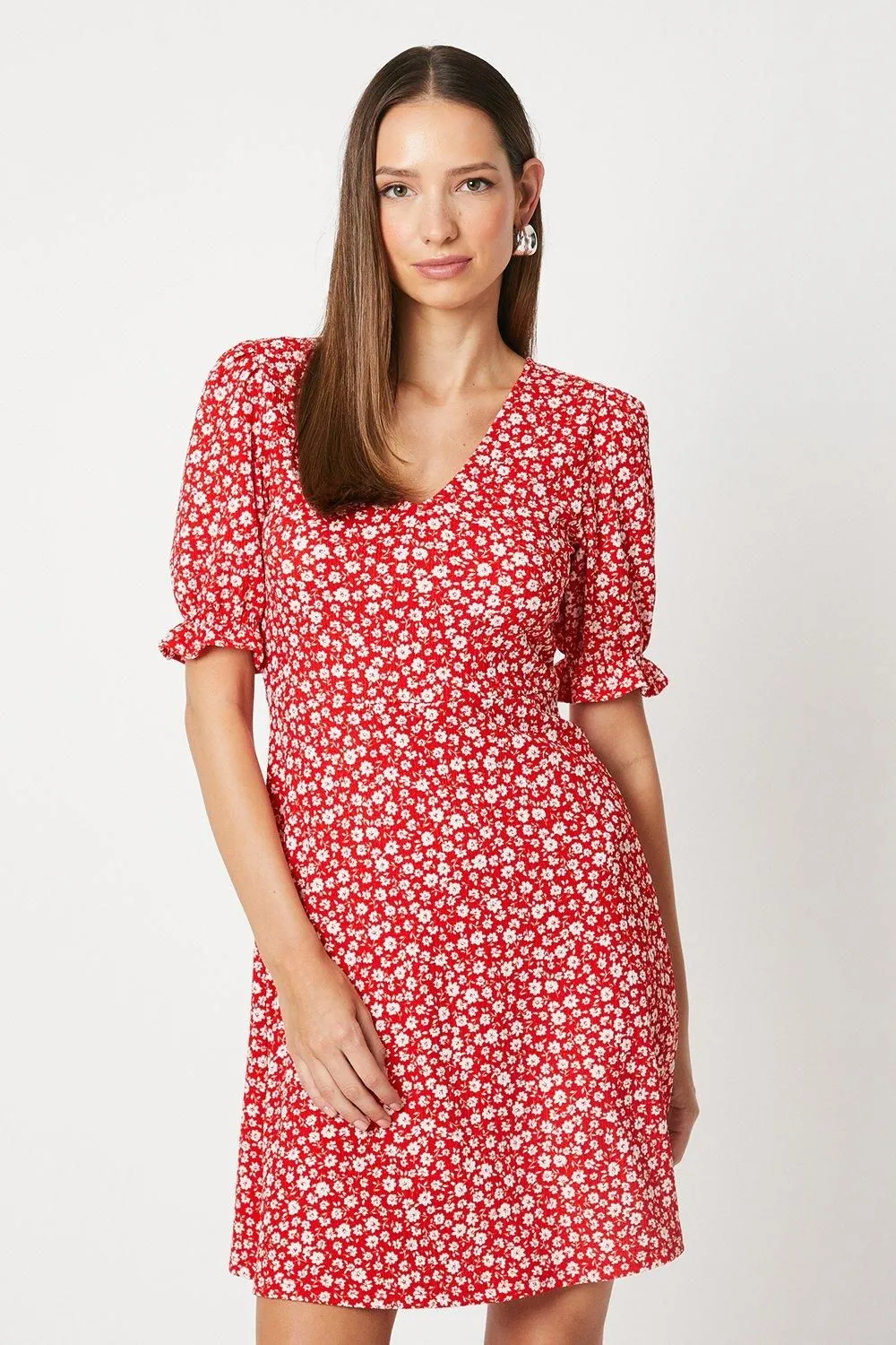 Red Ditsy V Neck Short Sleeve Mini Dress