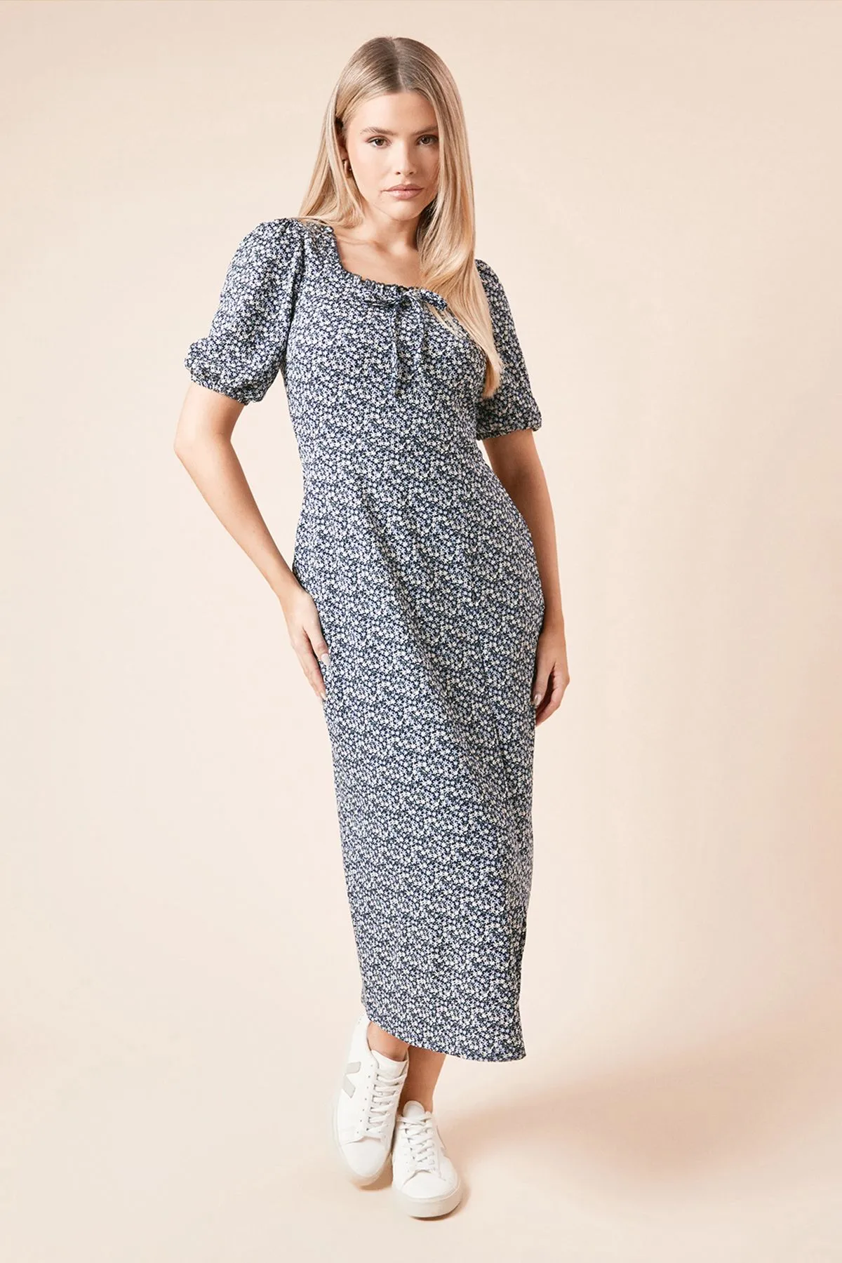 Navy Ditsy Ruffle Neck Midi Dress