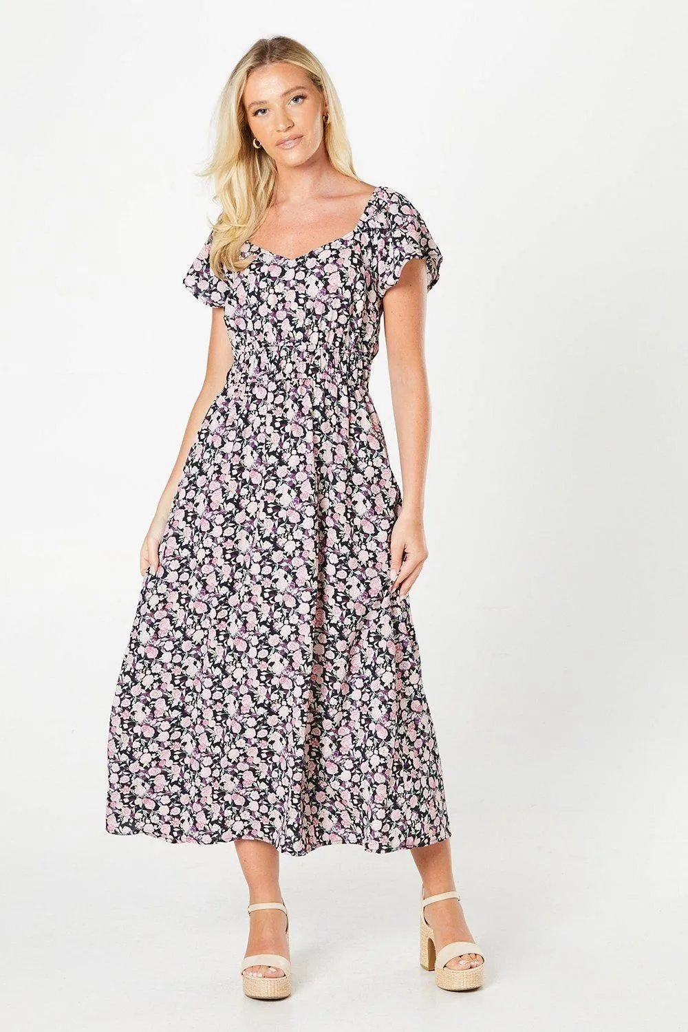 Pink Ditsy Angel Sleeve Midi Dress